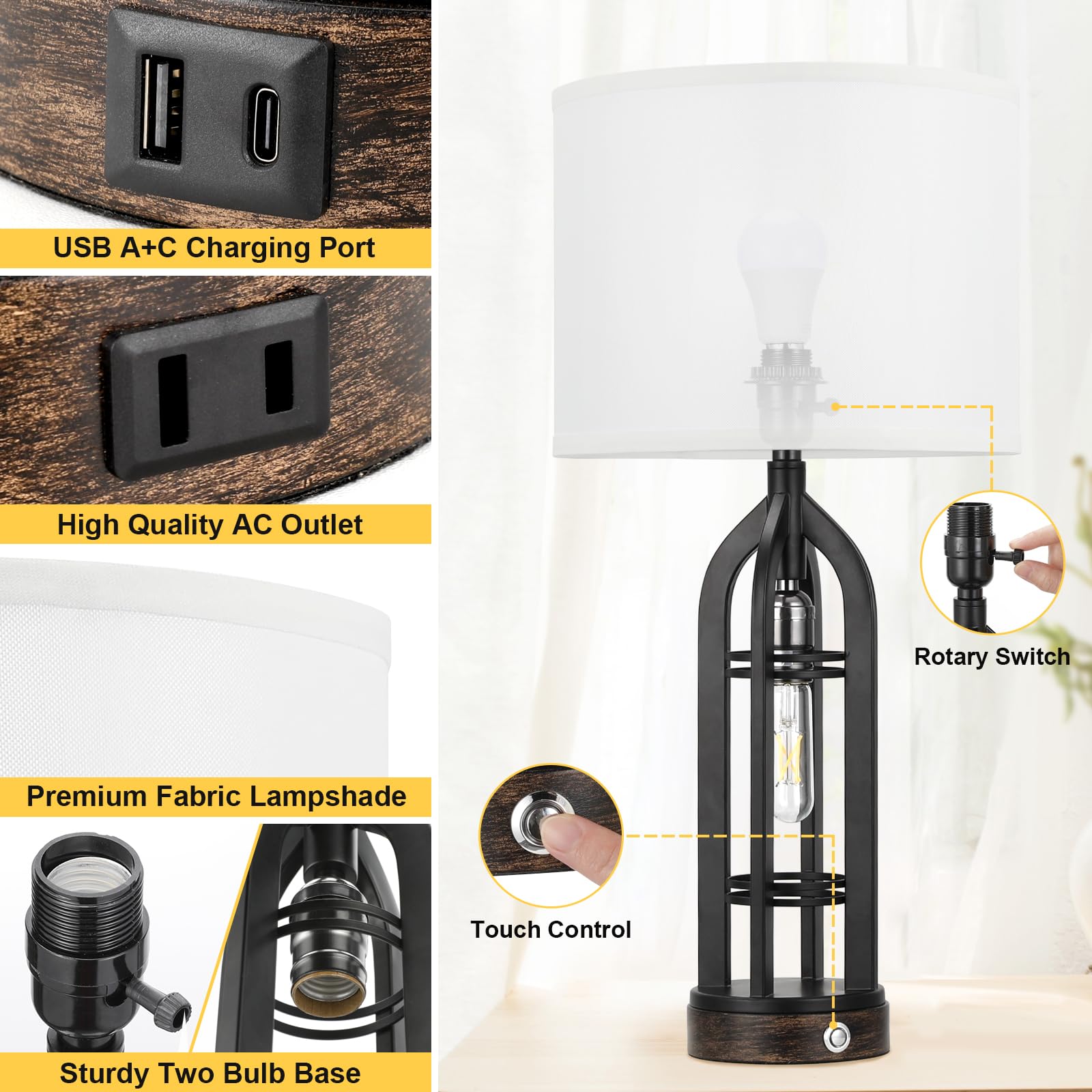 Seealle Table Lamp for Living Room Set of 2 - Wood-Like Bedside Lamp for Bedroom with USB C+A & Outlet, Farmhouse Lamps for Night Stands, 3-Way Dimmable Touch Lamps for Living Room