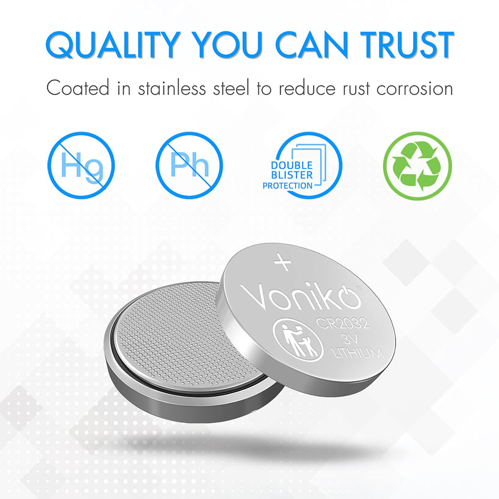 Voniko CR2032 3V Lithium Batteries 6 Pack for Child Safety, Compatible with AirTag, Key Fobs, Thermometers, Scales – 7 Years Shelf Life