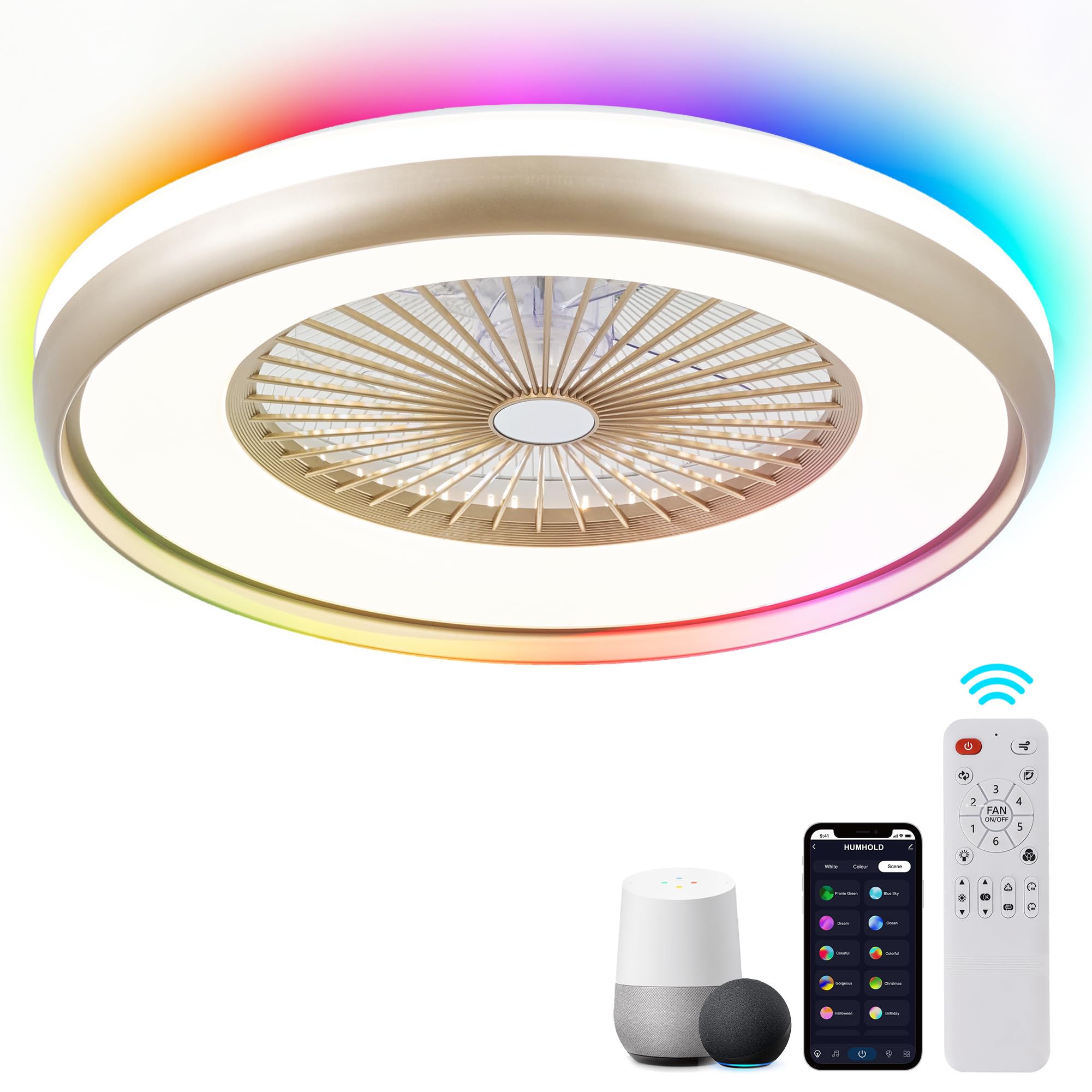 24" Bladeless Ceiling Fan with Light Remote, Smart LED Ceiling Fans with App Control, Modern Low Profile Dimmable Light Ceiling Fan for Bedroom Living Room Gold