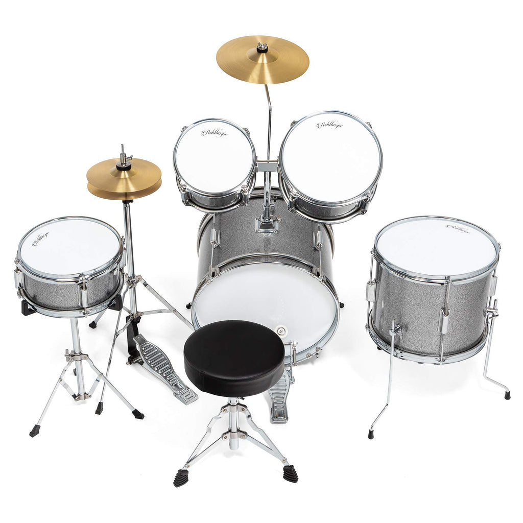 Ashthorpe 5-Piece Complete Kids Drum Set with Genuine Brass Cymbals - Junior Beginner Kit with 16" Bass, Throne, Hi-Hats, Pedals & Drumsticks - Black