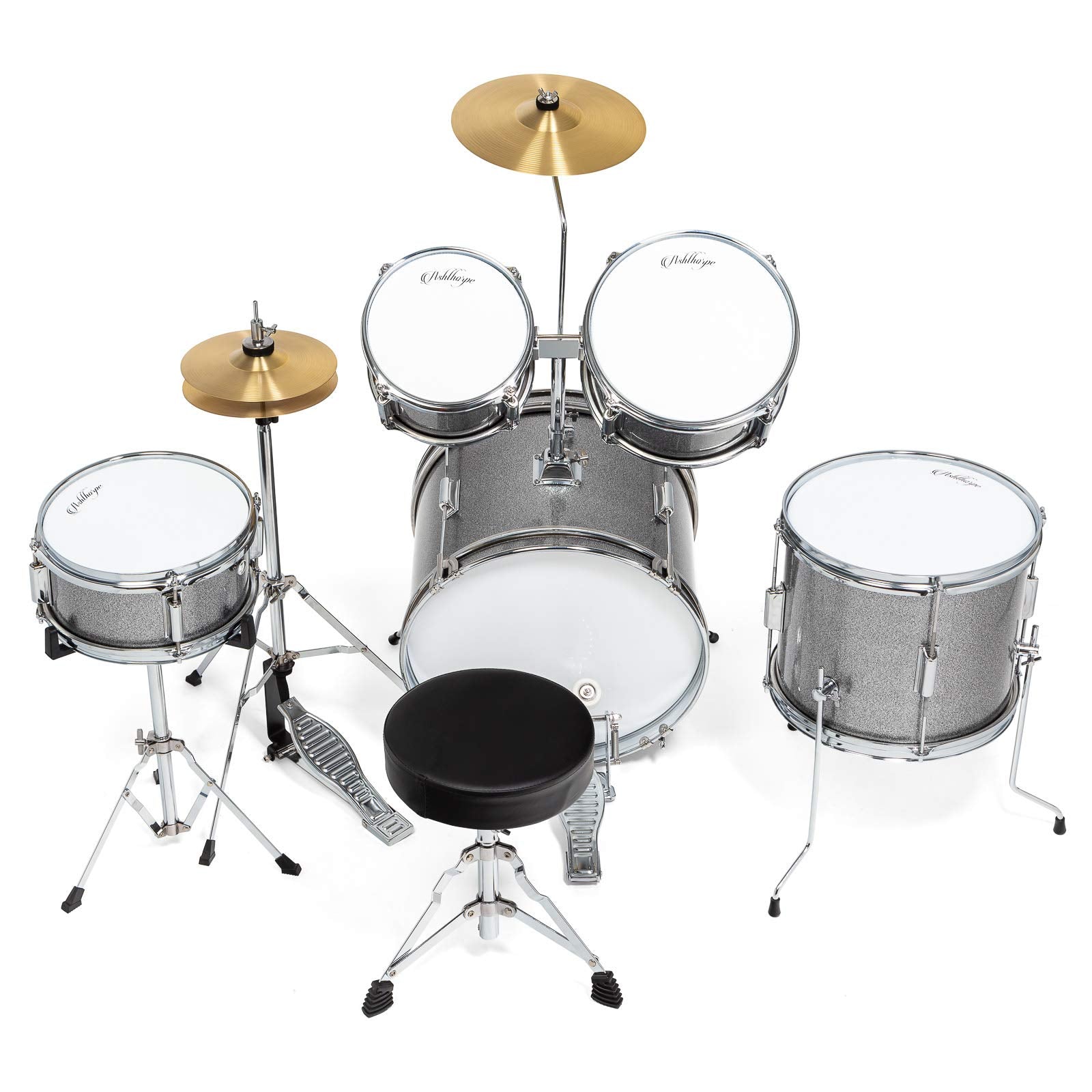Ashthorpe 5-Piece Complete Kids Drum Set with Genuine Brass Cymbals - Junior Beginner Kit with 16" Bass, Throne, Hi-Hats, Pedals & Drumsticks - Black