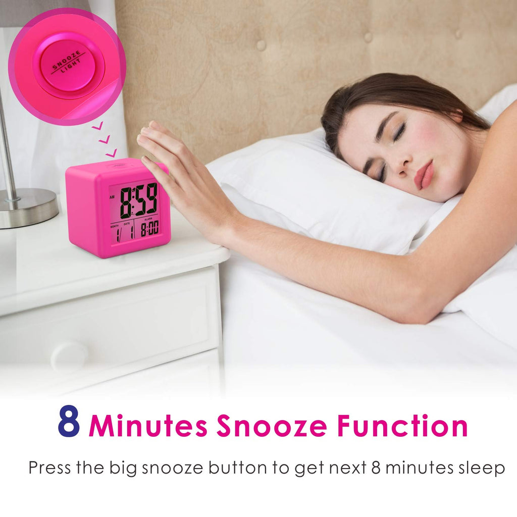 Plumeet Digital Alarm Clock Kids Clock with Snooze and White Nightlight - Easy Setting Travel Alarm Clocks Display Time, Date, Alarm - Ascending Sound - Battery Powered (Baby Blue)
