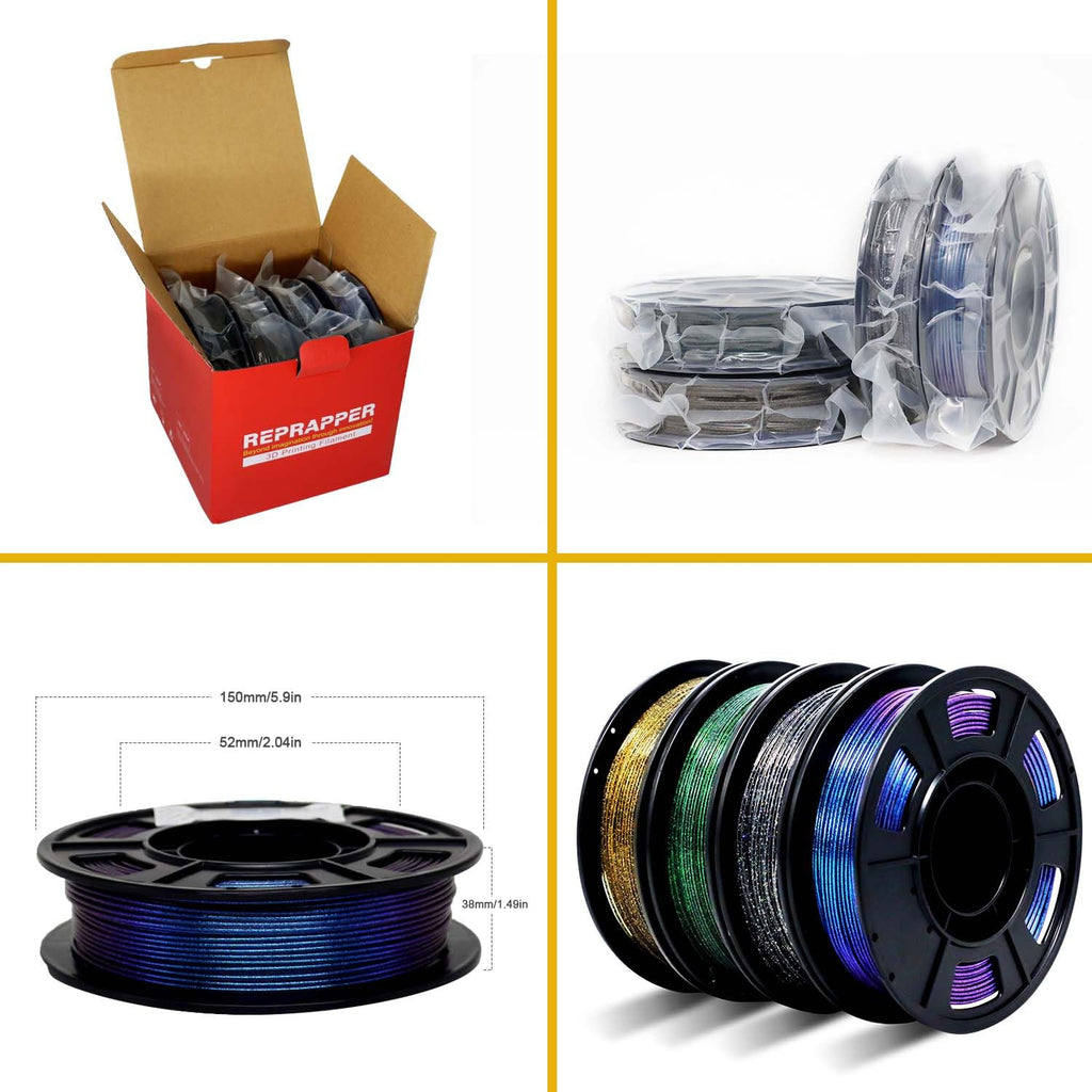 RepRapper PLA Filament, Multicolor Glitter Sample Pack, Shiny Galaxy Silk PLA1.75MM for 3D Printer, Glow in The Dark Sparkle Laser Series 3D Printer Filament, 250g*4