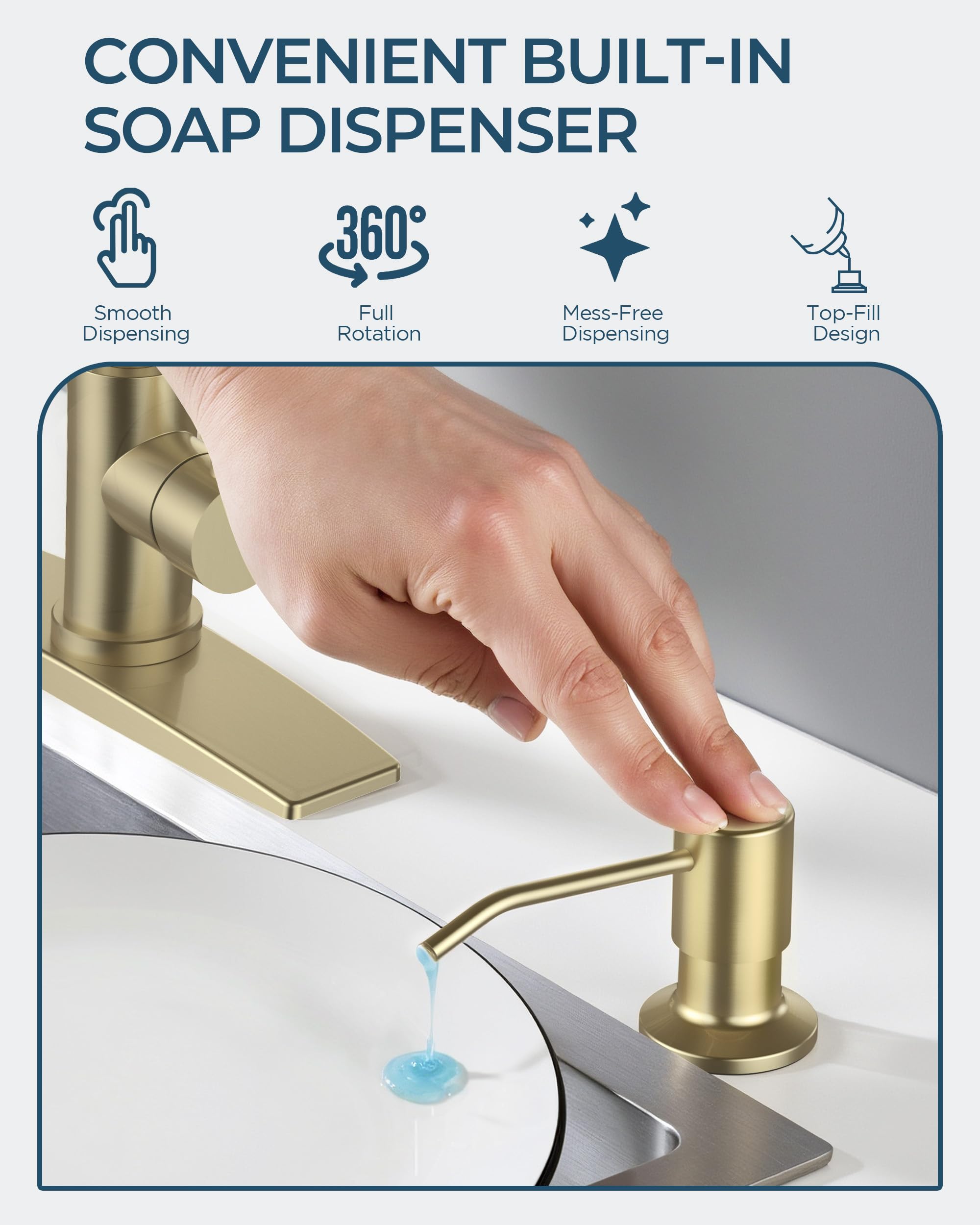 FORIOUS Kitchen Faucet with Soap Dispenser, Gold Stainless Steel Single Handle Modern Spring Commercial Sink Faucet with Pull Down Sprayer for Laundry & Utility Room RV Camp Bar Farmhouse