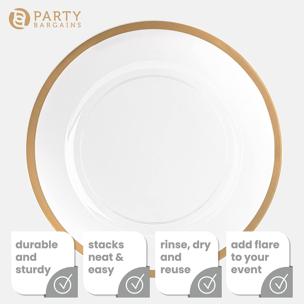 PARTY BARGAINS 13-Inch Charger Plates - 96 Pack, Clear Gold Rim, Heavy-Duty Disposable Chargers for Elegant Dining - Ideal for Weddings and Formal Events