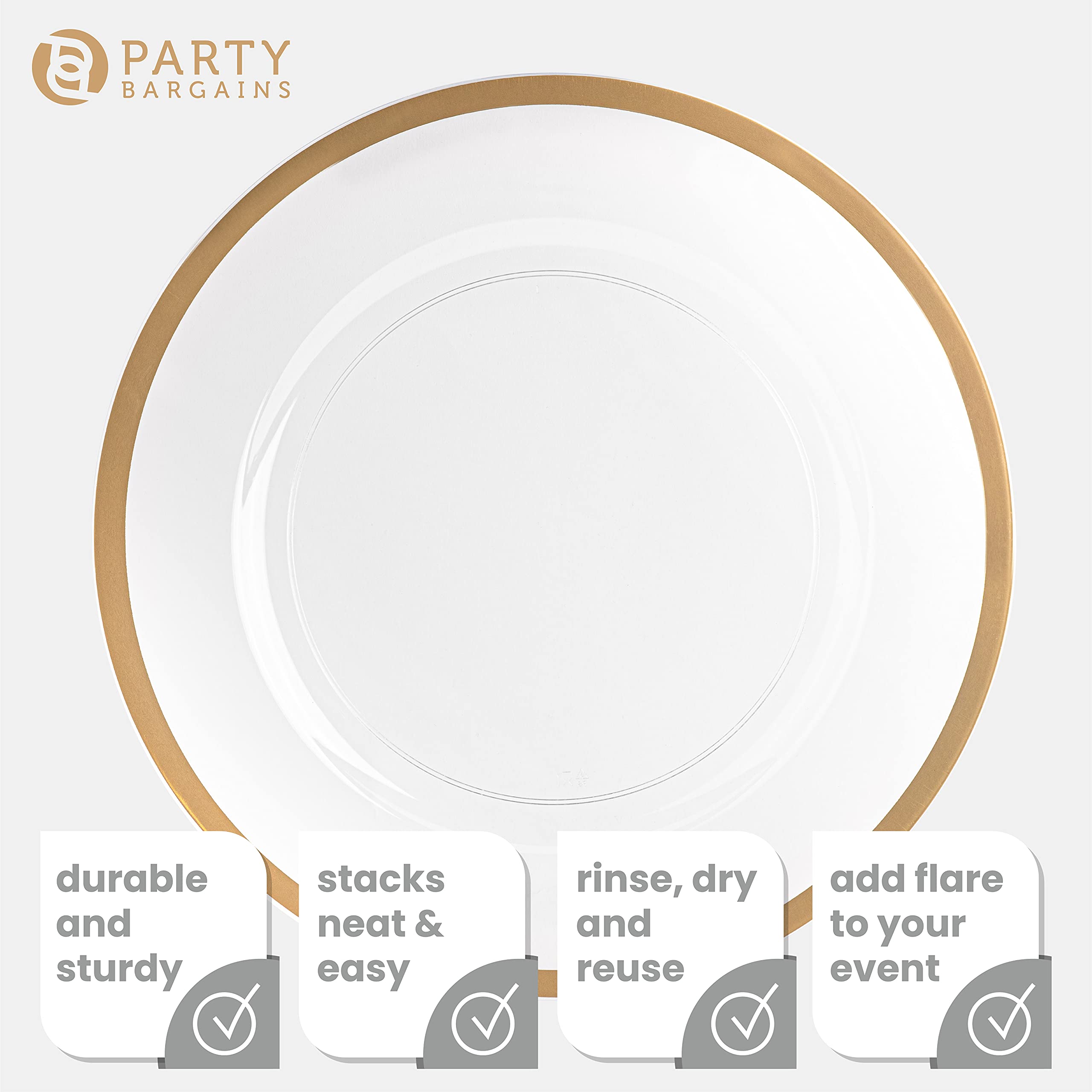 PARTY BARGAINS 13-Inch Charger Plates - 96 Pack, Clear Gold Rim, Heavy-Duty Disposable Chargers for Elegant Dining - Ideal for Weddings and Formal Events