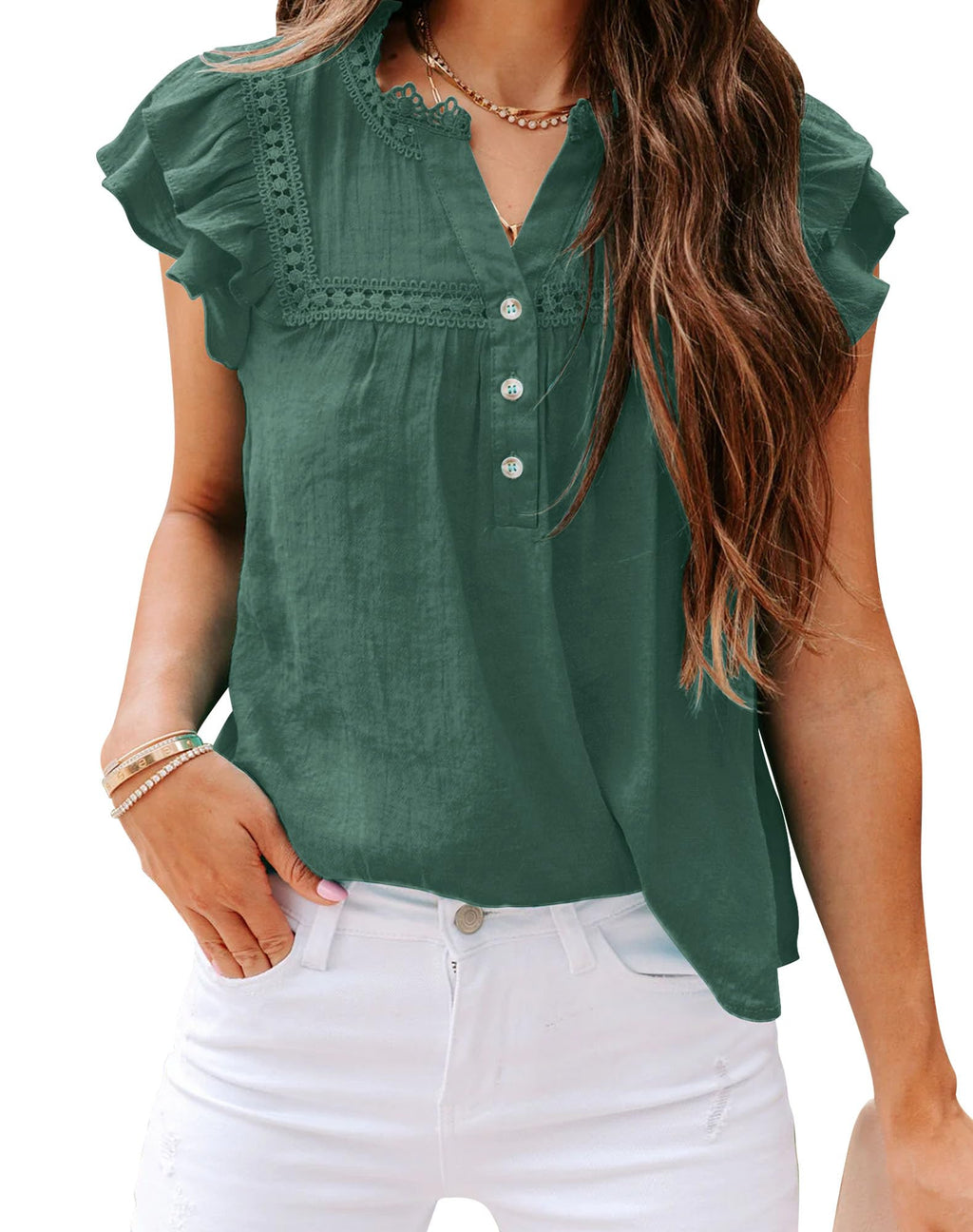 Women's V Neck Lace Crochet Shirts Button Down Short Sleeve Casual Blouse Tops