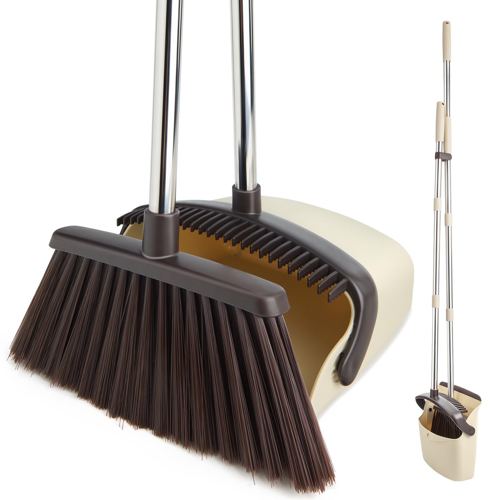Broom and Dustpan Set with Long Handle, Heavy Dust Broom and Dustpan Combo for Home，Kitchen, Office, Pet Hair(Beige)