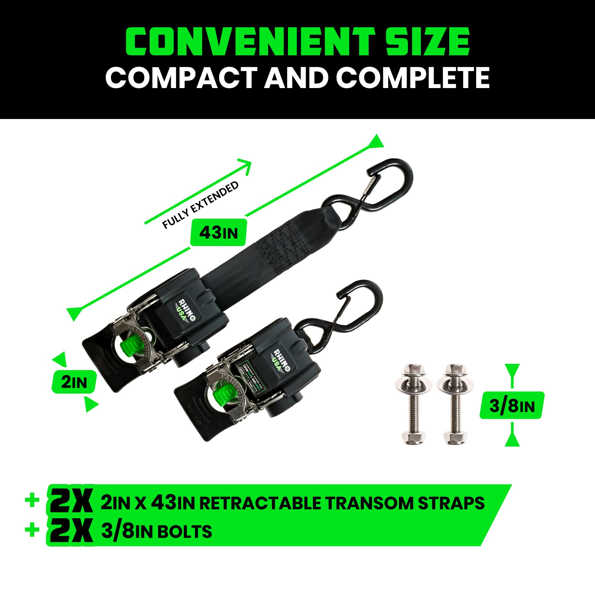 Rhino USA Boat Trailer Straps (2-Pack) - Heavy Duty 2 Inch x 48 Inch Boat Tie Down Straps to Trailer - Ultimate Adjustable Transom Tie Down Straps for Trailering Safety with Boat, Jet Ski, & More!