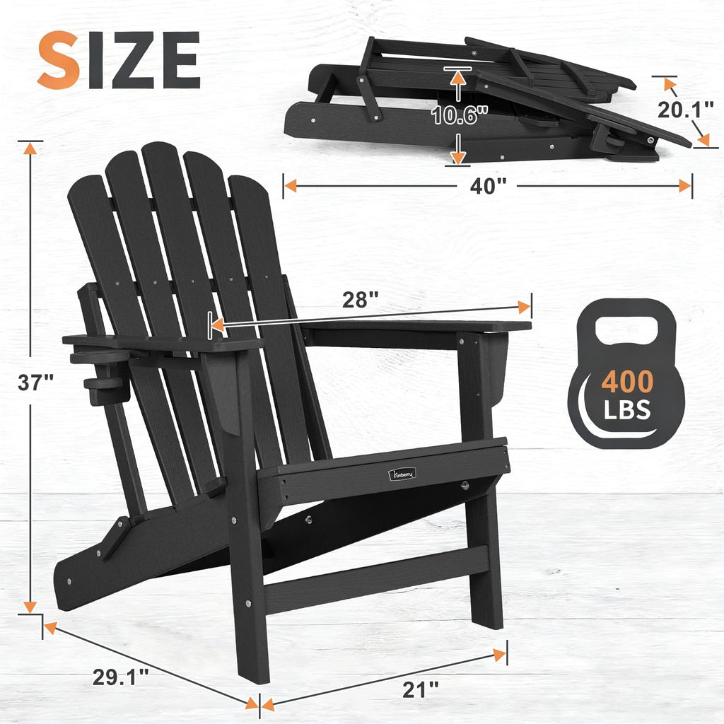 FUNBERRY Folding Adirondack Chair, Fire Pit Chairs with Cup Holder | HDPE All Weather, Quick-Folding, No Rot or Rust or Crack, UV Fade Shield, 400LBS Weight Capacity, Easy-Clean for Outside