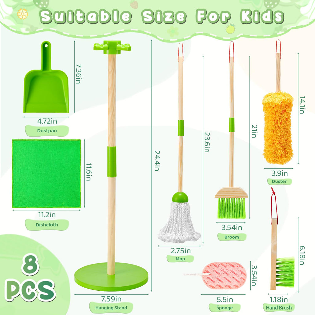 WHOHOLL Wooden Kids Cleaning Toy Set Toddler Broom and Dustpan Set for Housekeeping 9 Pcs Broom and Mop Set for Toddlers 3-6, Cleaning Toys with Sponge, Christmas Birthday Gifts for Boys Girls