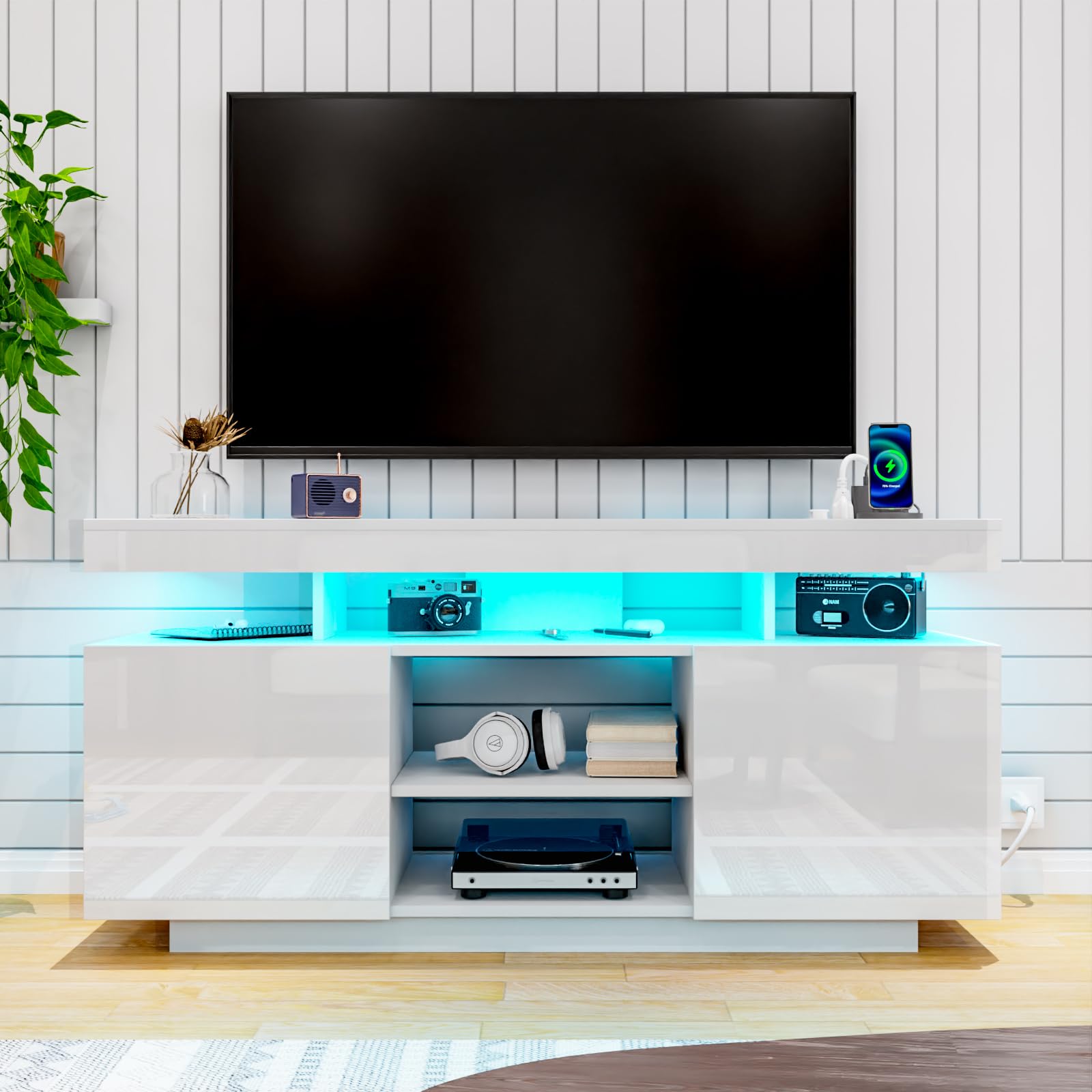 HOMMPA Modern LED TV Stand for 55 Inch TV, Black Tall TV Console with Power Outlet, Entertainment Center with Storage, High Gloss Gaming Media Console Cabinet for Living Room (47 Inch)