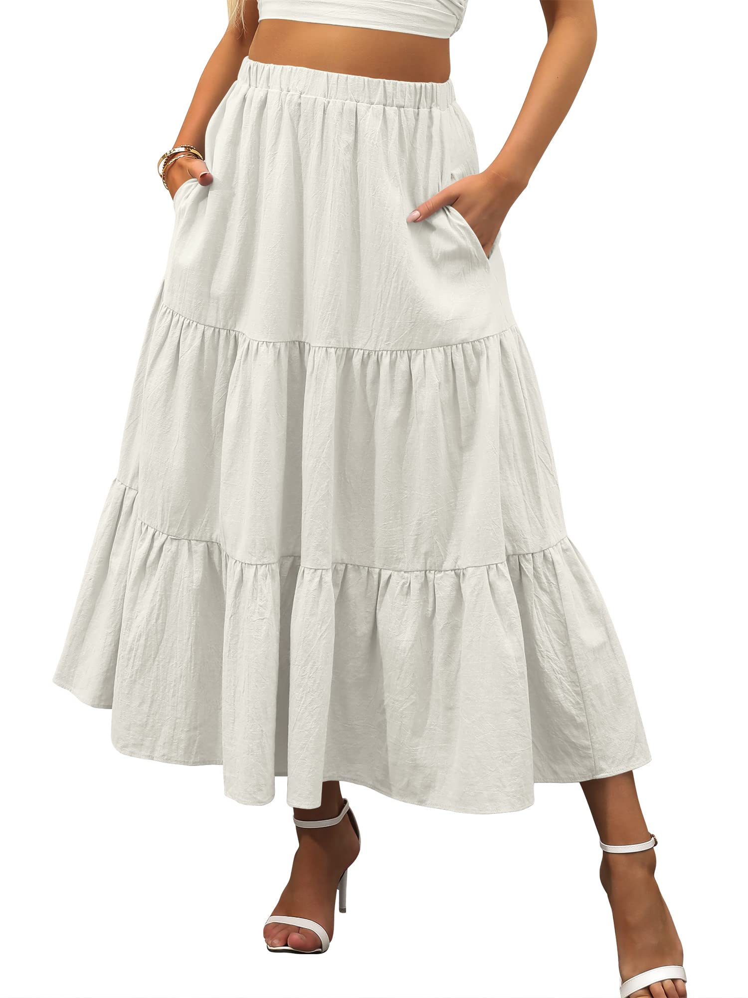 ANRABESS Women’s Summer Boho Flowy Swing Tiered A-Line Maxi Skirt 2026 Fashion Trendy Elastic Waist Pleated Long Beach Dress