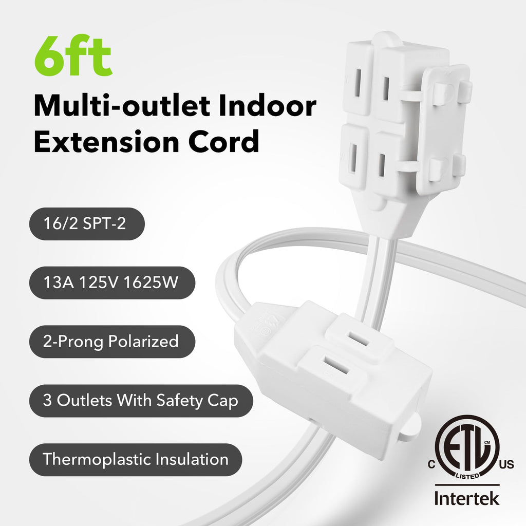 BN-LINK 6ft Indoor Extension Cord, 2 Pack, 3-Outlet Polarized Flat Cable, Household Power Cord for Home, Office, and Holiday Decorations, Black