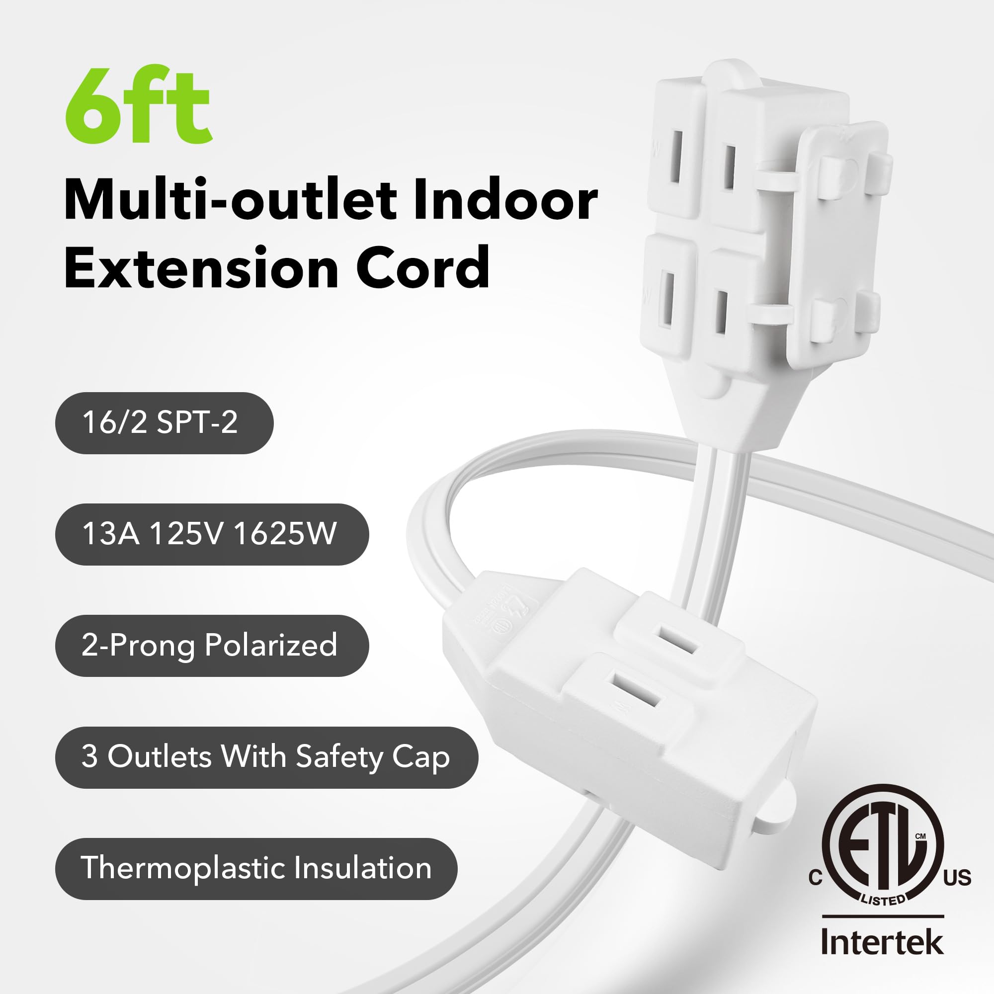 BN-LINK 6ft Indoor Extension Cord, 2 Pack, 3-Outlet Polarized Flat Cable, Household Power Cord for Home, Office, and Holiday Decorations, Black