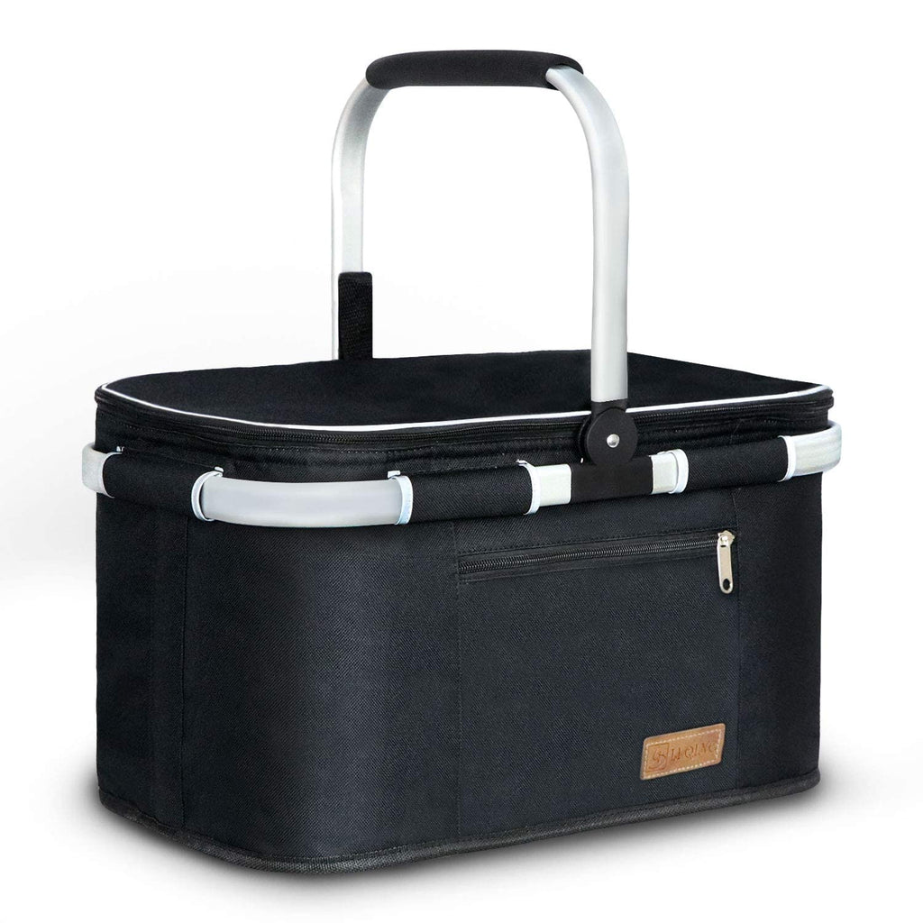 LIQING 35L Large Picnic Basket 2 Layers of Internal Pockets Leak-Proof and Insulated ，Folding with Internal Support for enhansed Stability, Wedding Gifts for Couple(Black)