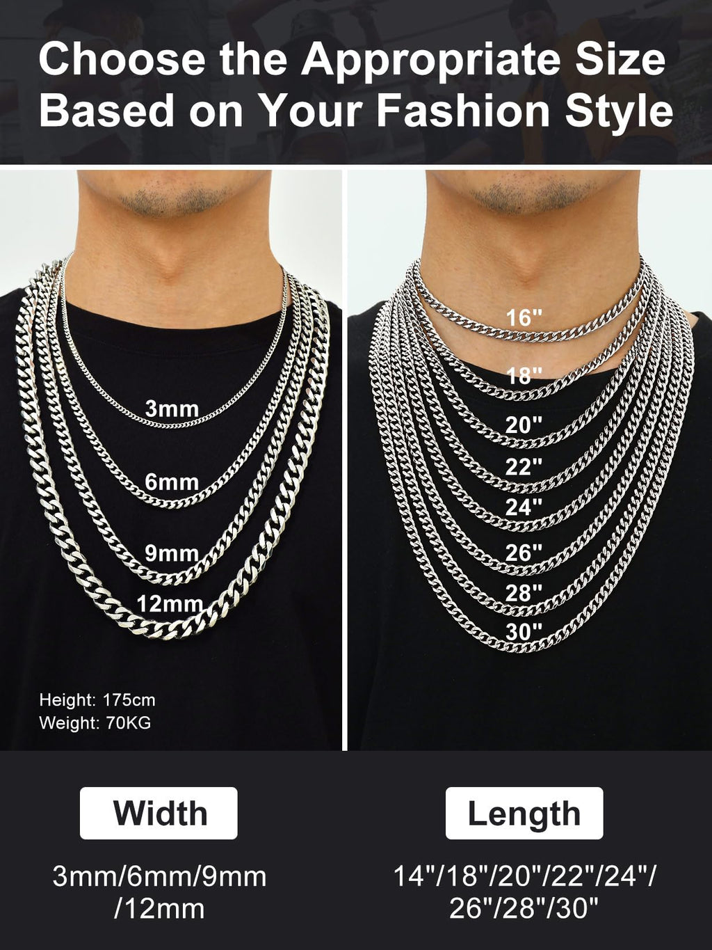 Suplight Cuban Link Chain for Men Women, 18K Gold Plated/Stainless Steel Black Miami Curb Cuban Chain Necklace, 3/6/9/12 mm 14-30 Inch Hip Hop Mens Jewelry, Send Gift Box