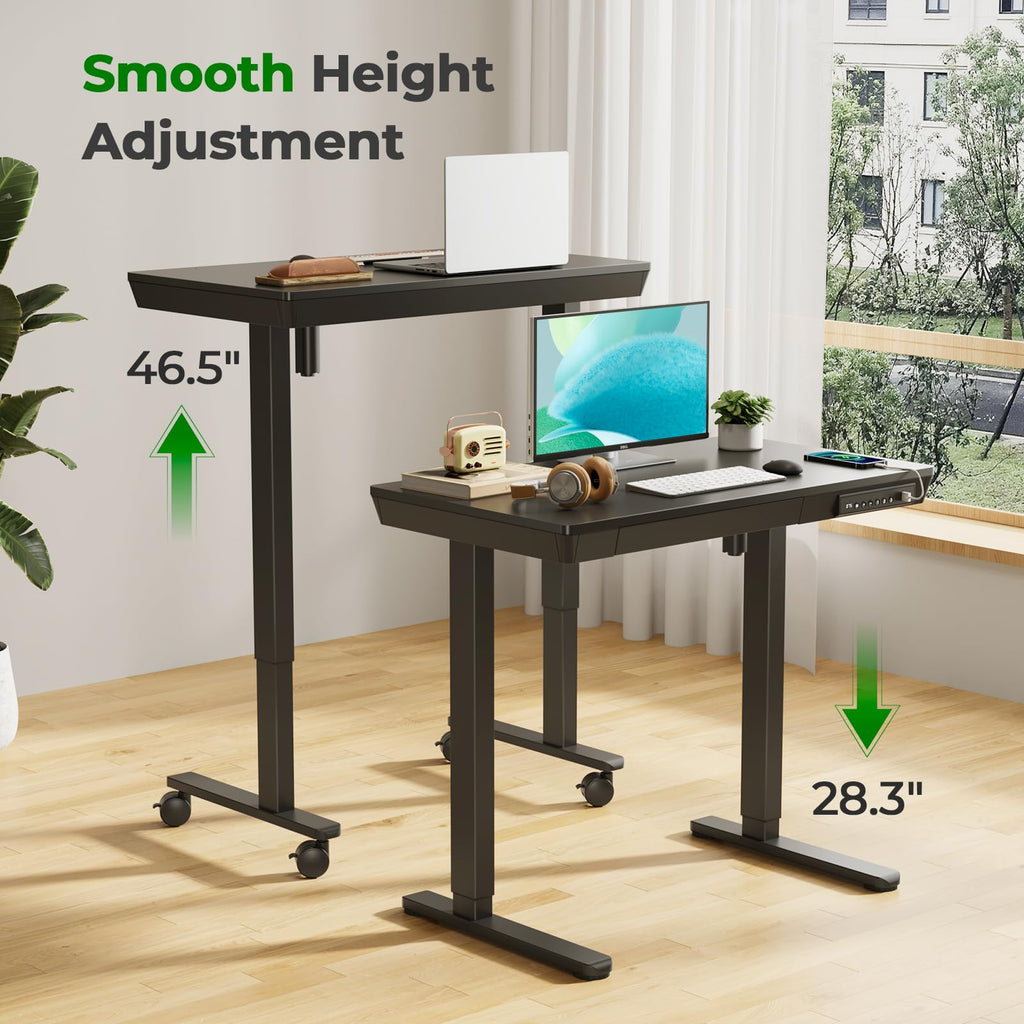 Glass Electric Standing Desk with Drawer, 35" x 20" Whole Piece Tabletop Samll Sit Stand Table, Height Adjustable Workstation with Storage & USB Ports, Quick Install Home Office Desk