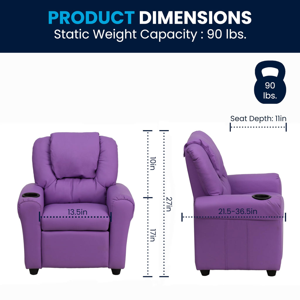Flash Furniture Vana Vinyl Kids Recliner with Cup Holder, Headrest, and Safety Recline, Contemporary Reclining Chair for Kids, Supports up to 90 lbs., Beige