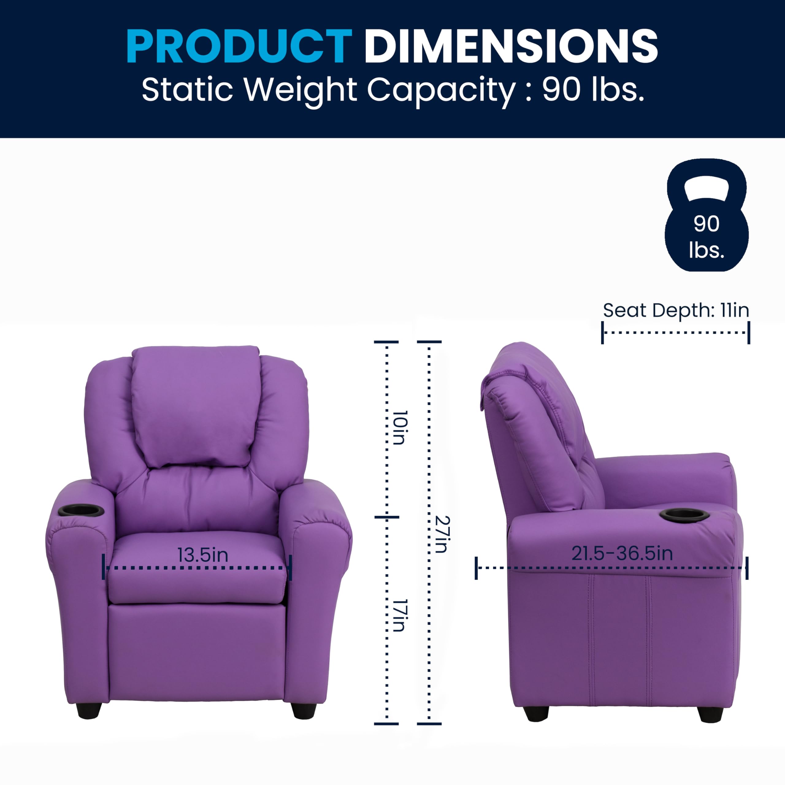 Flash Furniture Vana Vinyl Kids Recliner with Cup Holder, Headrest, and Safety Recline, Contemporary Reclining Chair for Kids, Supports up to 90 lbs., Beige