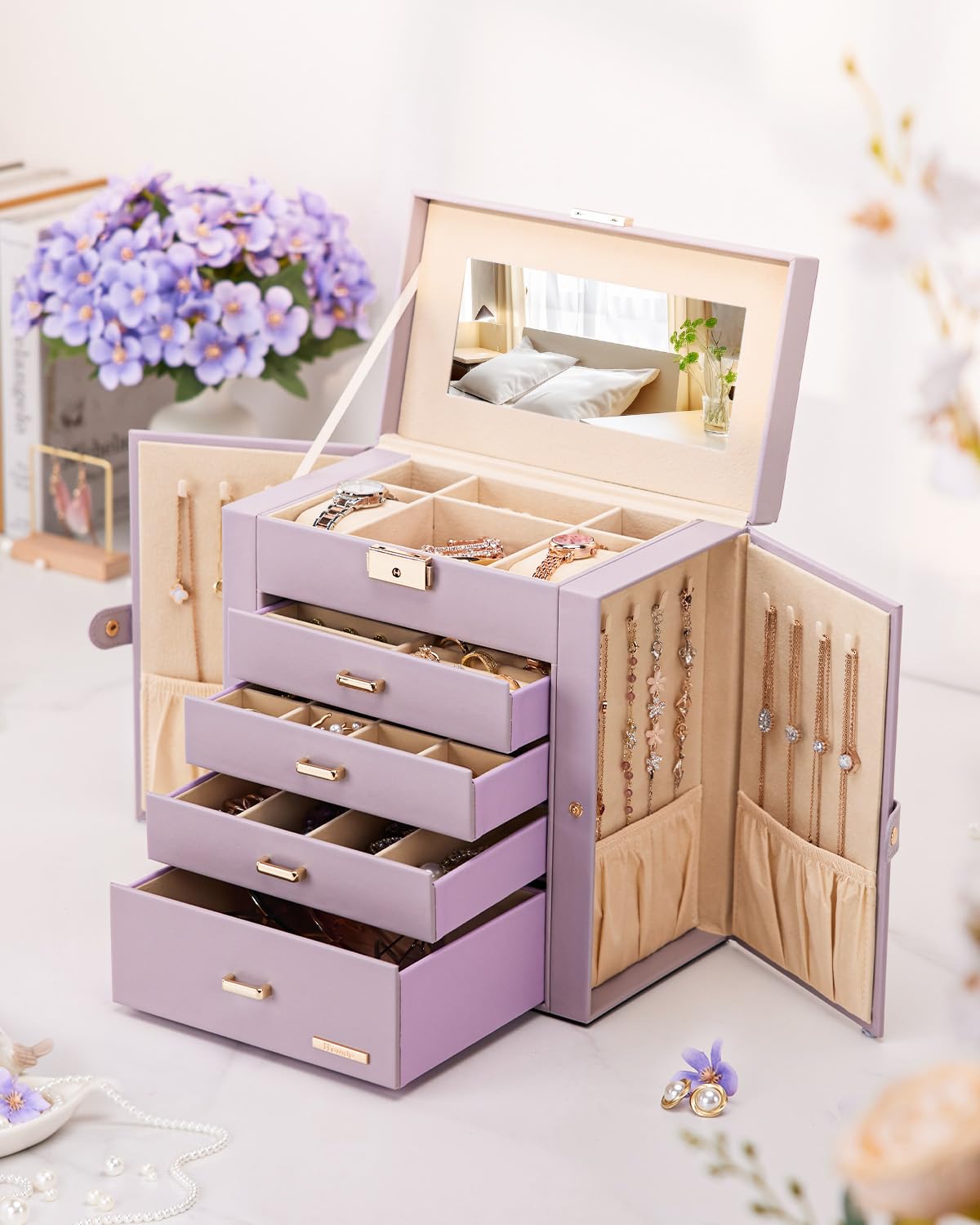 Homde Mothers Day Gifts Synthetic Leather Huge Jewelry Box Mirrored Watch Organizer Necklace Ring Earring Storage Lockable Gift Case (Black + Gold)