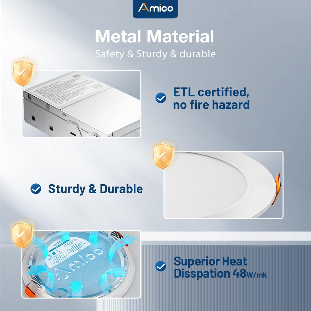 Amico 6 Pack 3 Inch 5CCT Ultra-Thin LED Recessed Ceiling Light with Junction Box, 2700K/3000K/3500K/4000K/5000K Selectable, 7W Eqv 60W 500LM Brightness Dimmable Canless Wafer Downlight, ETL