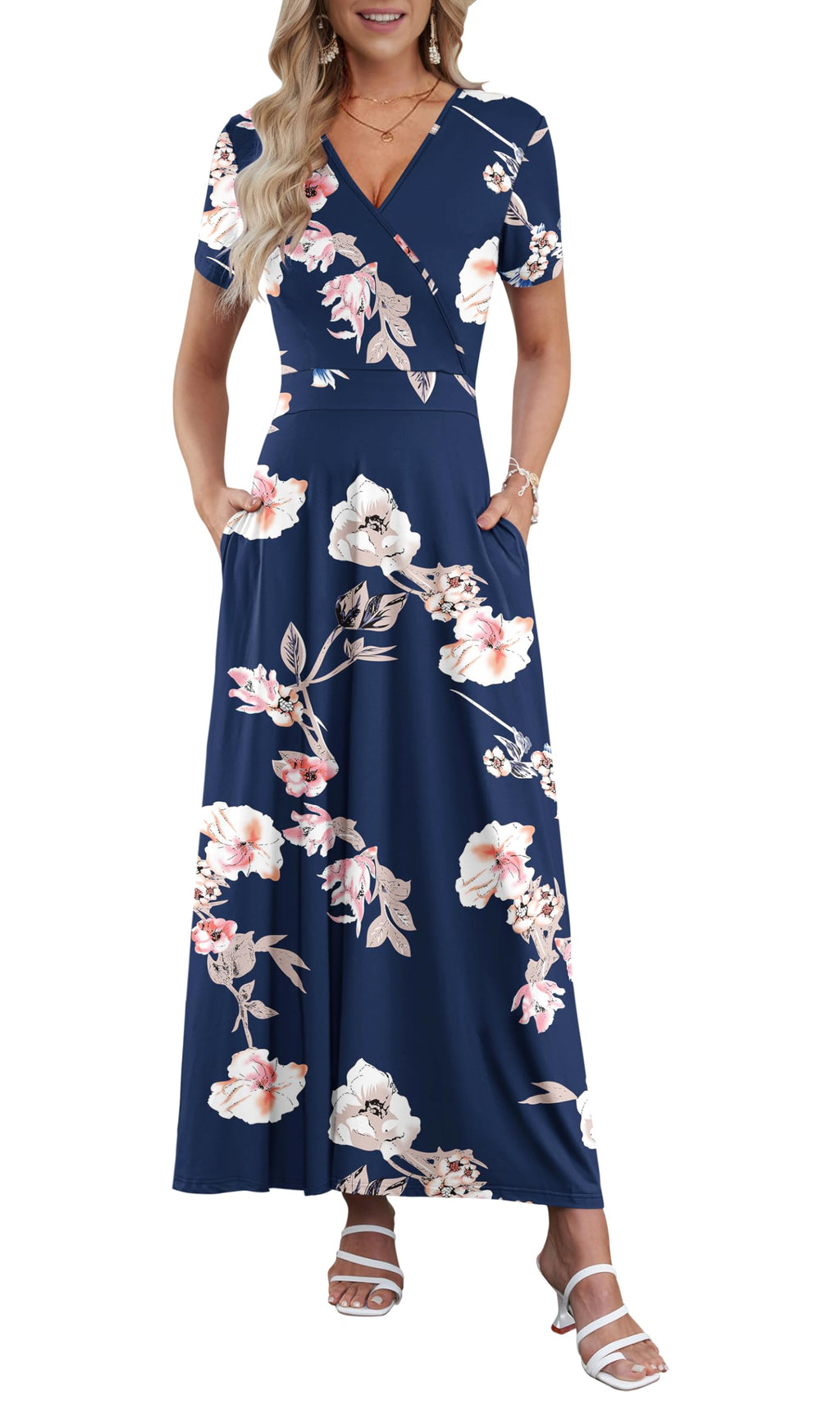 AUSELILY Maxi Dresses for Women Ankle Length Floral Print Beach Long Flowy Dress with Pockets