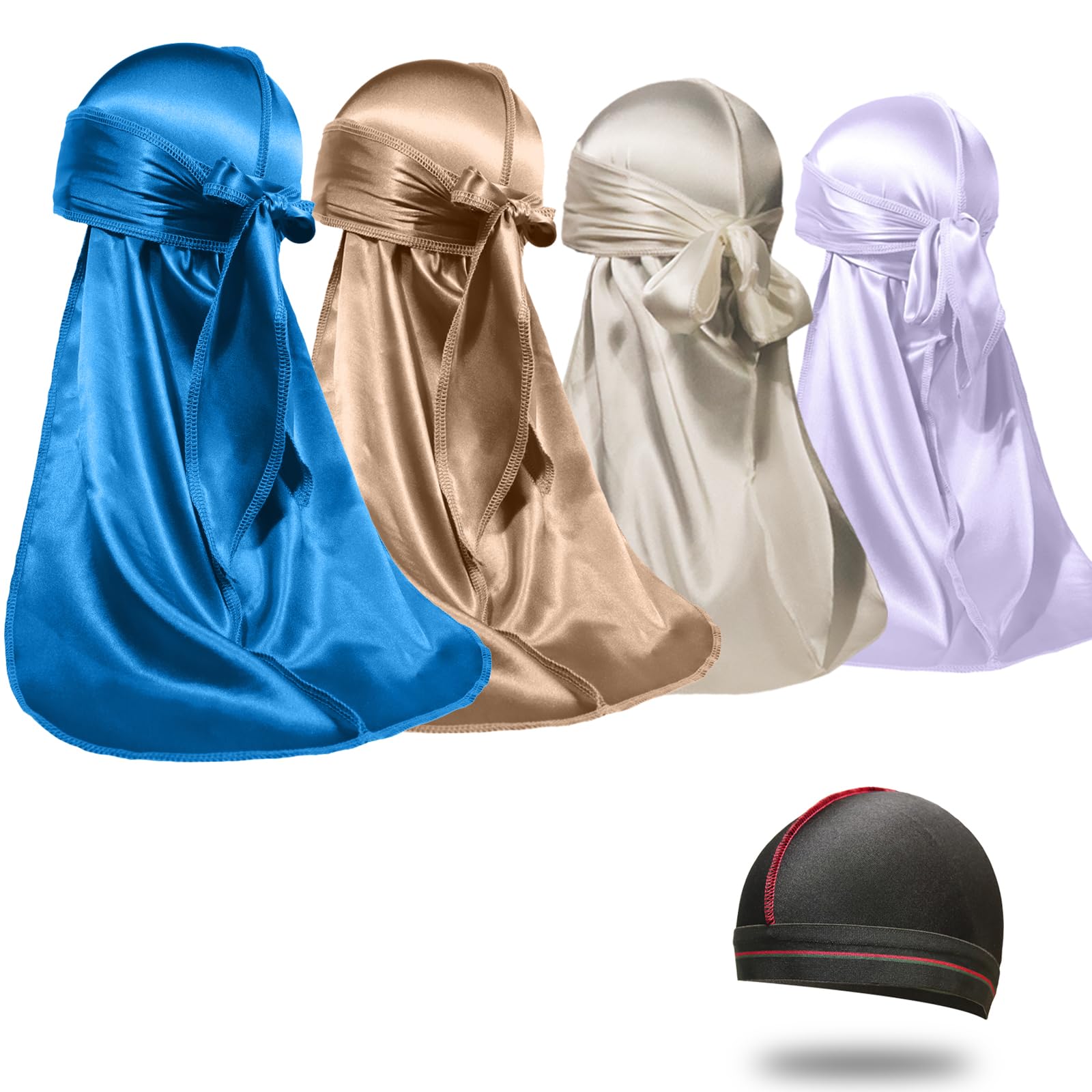 4PCS Silky Durags for Men Women 360 Waves with 1 Wave Cap, Silky Satin Durag Extra Long Tails
