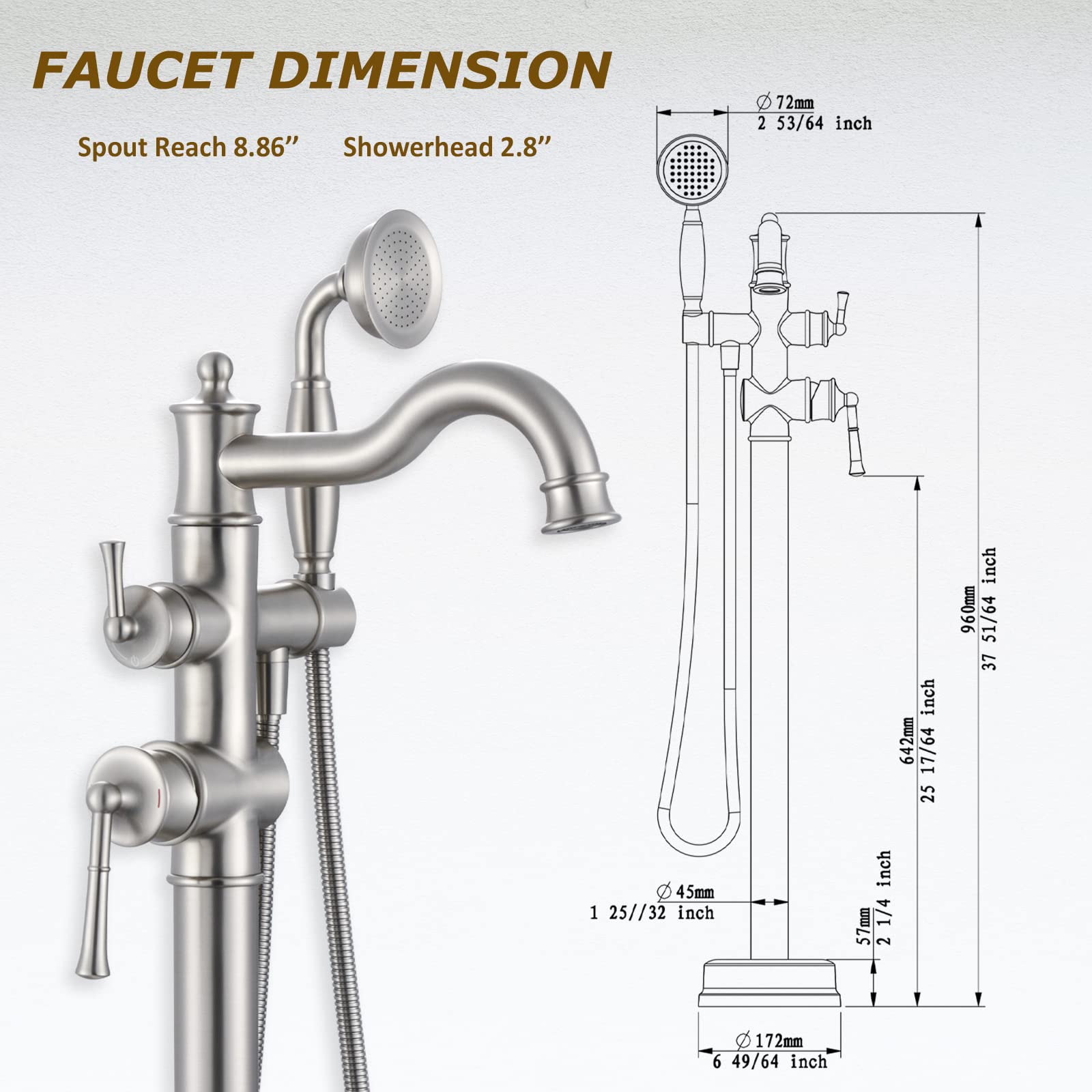 Freestanding Floor Mount Tub Filler with Handheld Shower Roman Bathtub Faucet by Brushed Gold Finish, Swivel Spout with Brass Rough-in and Water Hose