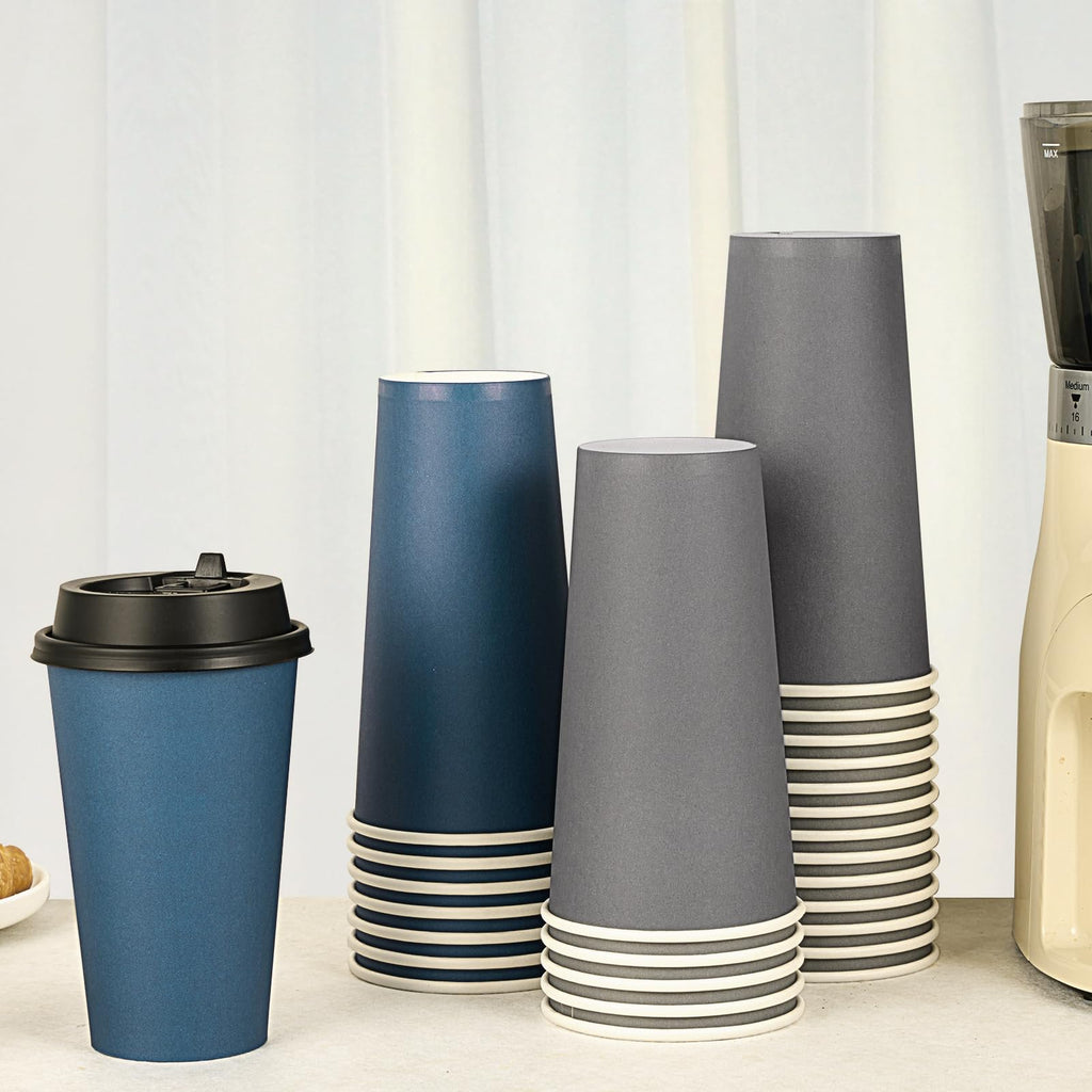 LITOPAK 100 Pack 10 oz Disposable Paper Coffee Cups with Lids for Coffee, Water, Juice, or Tea, Blue and Gray Hot Paper Cups for Home, Restaurant, Store, and Cafe