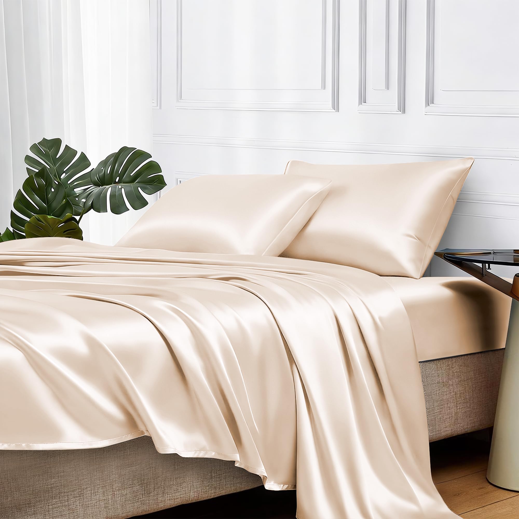 MR&HM Satin Sheets with Elastic Corner Straps, Twin Size 3-Piece Silky Bedding Set, Deep Pocket 15 Inches, Good for Hair & Skin (Twin, Black)