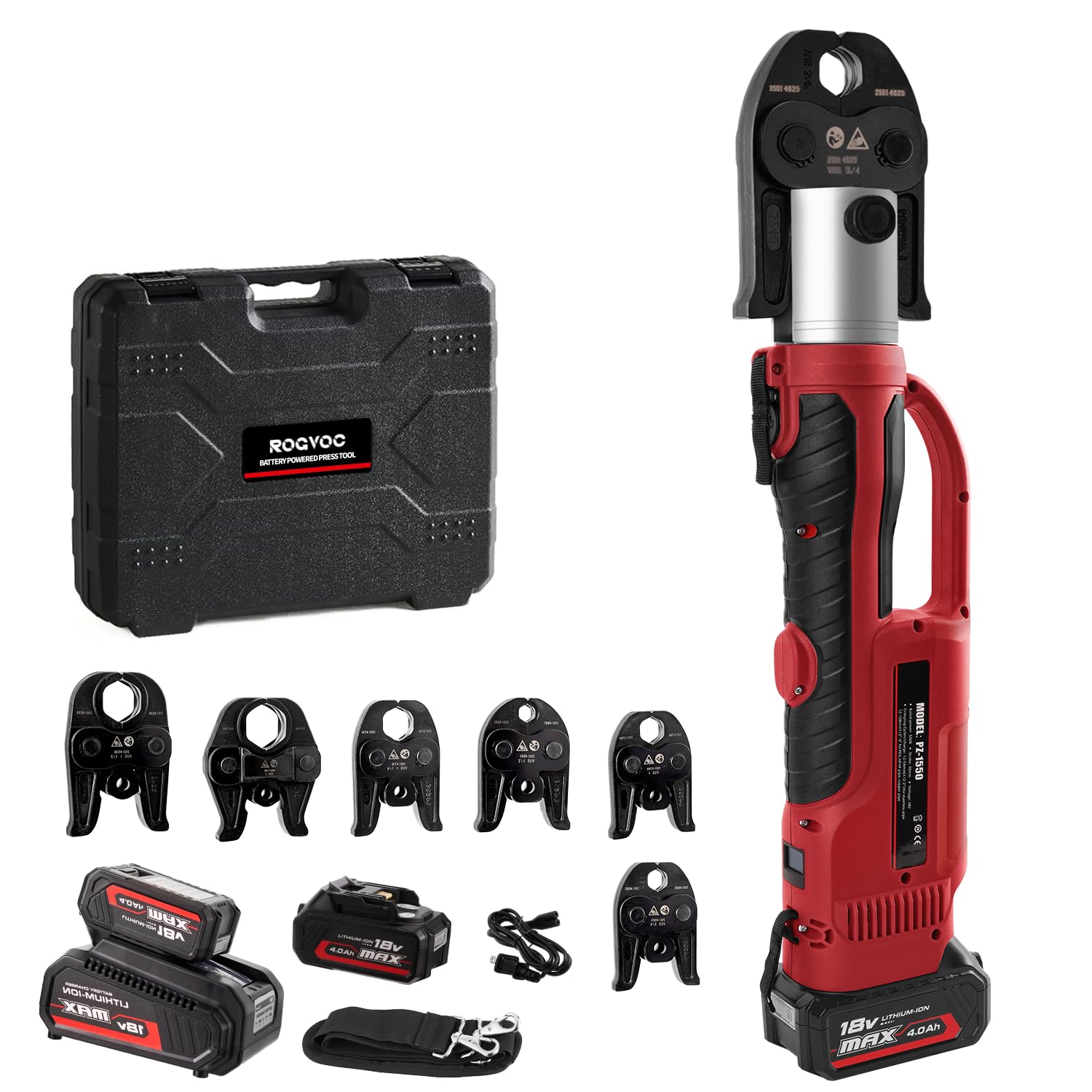 Cordless Pro Press Tool, with 3 Pro Press Jaws Tube Crimping Tool Kit for 1/2, 3/4, 1 inches Copper Pipes and Stainless Steel Pipes, 2pcs 4.0 Ah Battery and Charger, Carrying Case Included