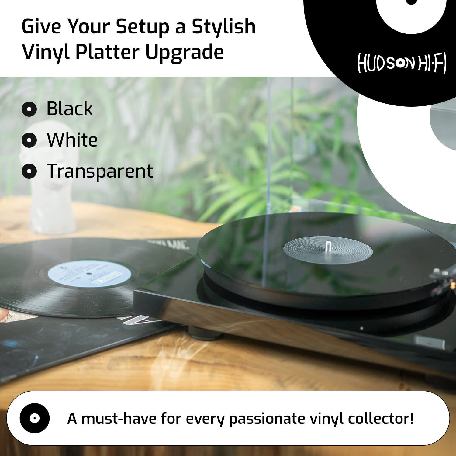 Hudson Hi-Fi Acrylic Turntable Mat – 11.75” Anti-Static Turntable Slipmat with Label Recess – 1/8” Thick Acrylic Platter Mat for Vinyl LP Record Players – Black