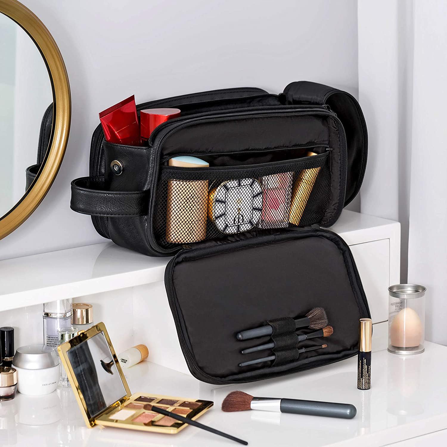Elviros Travel Toiletry Bag for Men, Shaving Dopp Kit Water-resistant Bathroom Small Toiletries Organizer PU Leather Cosmetic Bags