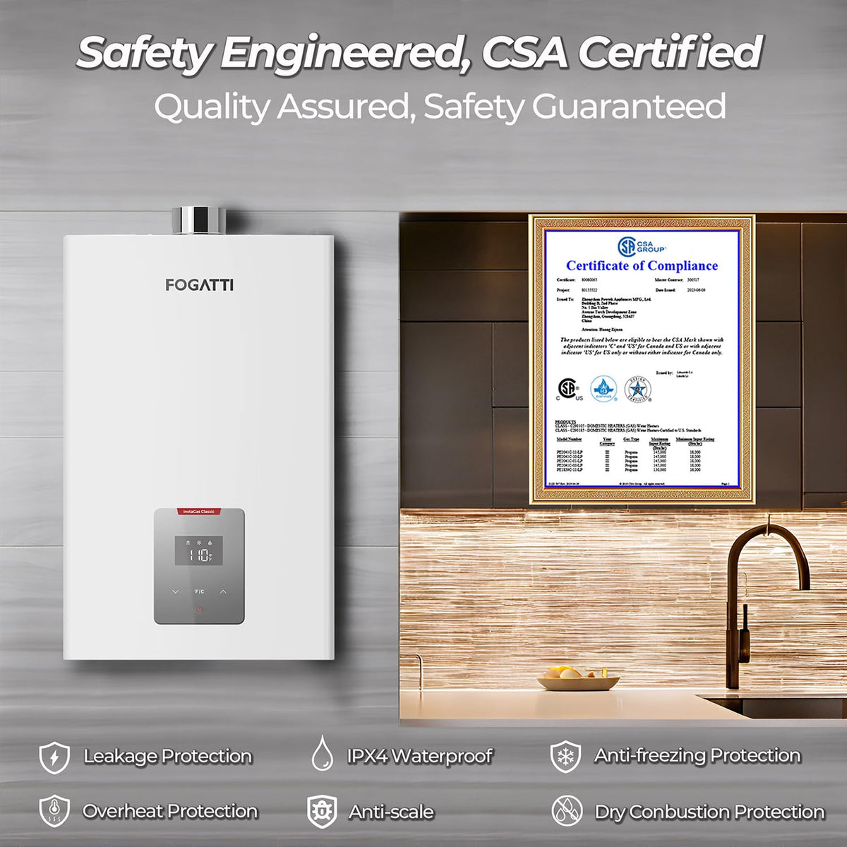 FOGATTI Tankless Water Heater Propane, Indoor Installation Up to 4.0 GPM, 90,000 BTU Instant Hot On demand Water Heater for Homes, Apartments and Commercial Settings, InstaGas Classic 90 Series
