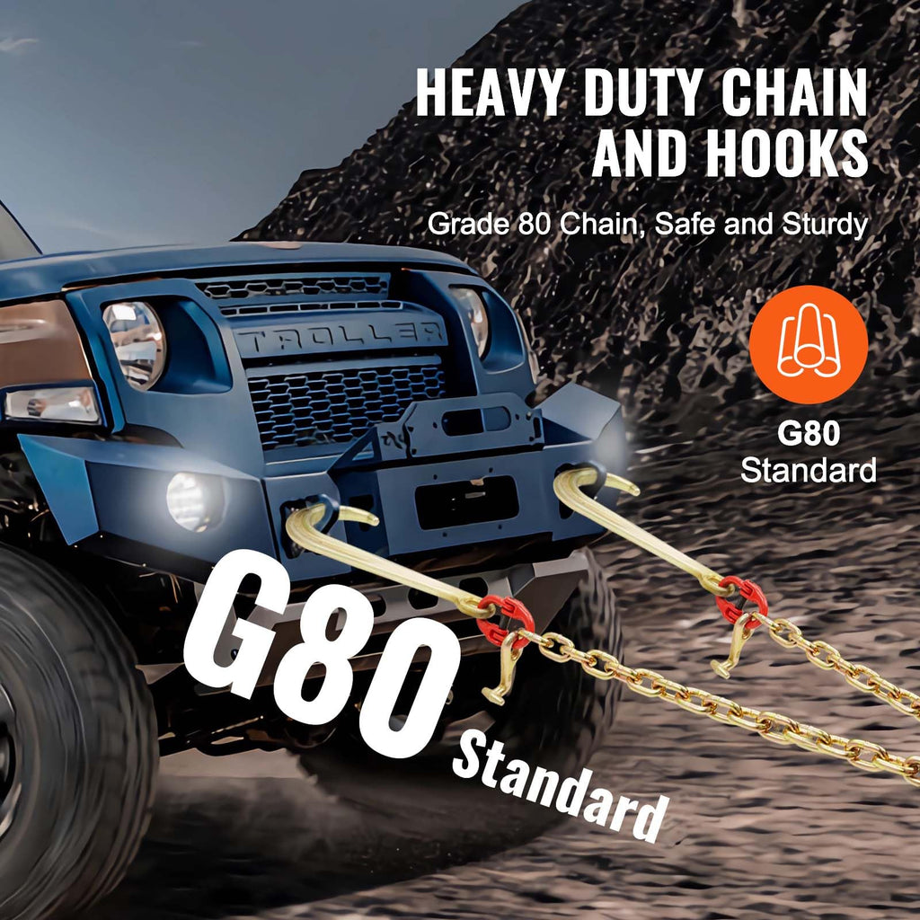 VEVOR G80 V Bridle Chain, 3/8" x 2' Towing Chain Bridle with 15" J Hooks, T Hooks & Grab Hooks, Heavy Duty Transport Tow Chain Bridle with 7800 lbs Safe Working Load for Flatbed Truck Wrecker Recovery