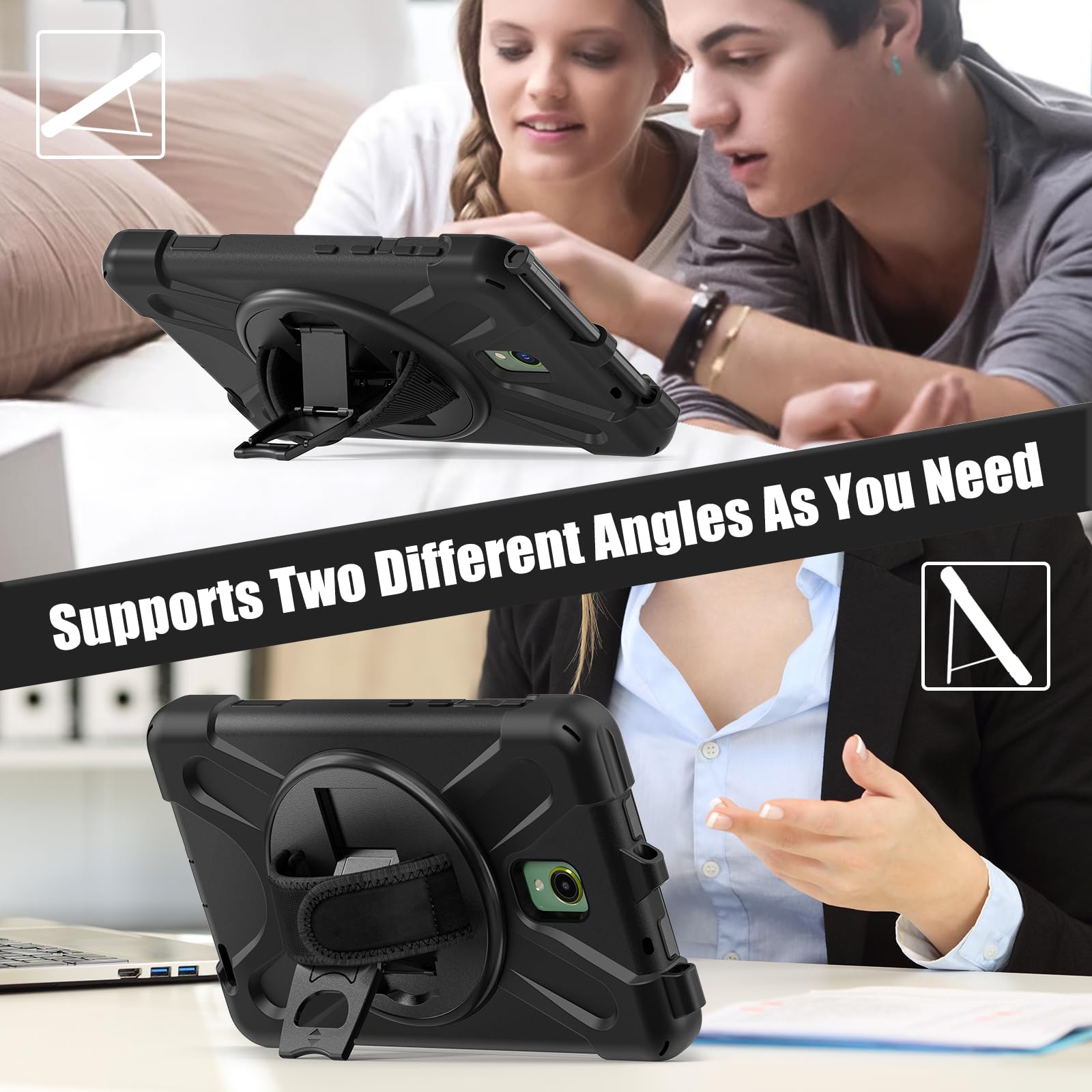 Samsung Galaxy Tab Active5/Active 3 8.0 Case, with 360 Stand, Handle Hand Strap & Shoulder Strap for Galaxy Tab Active5 8" 2024 X300/X307, Active3 8" 2020 T570/T575/T577 (Black)