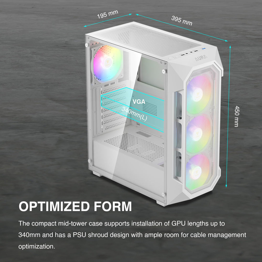 GAMDIAS ATX Mid Tower Gaming Computer PC Case Tempered Glass, Built-in 4X 120mm ARGB Case Fans, Front Airflow Mesh, Up to 6x120mm Fans, 340mm GPU/VGA, 360mm AIO/Radiator, 160mm CPU Cooler