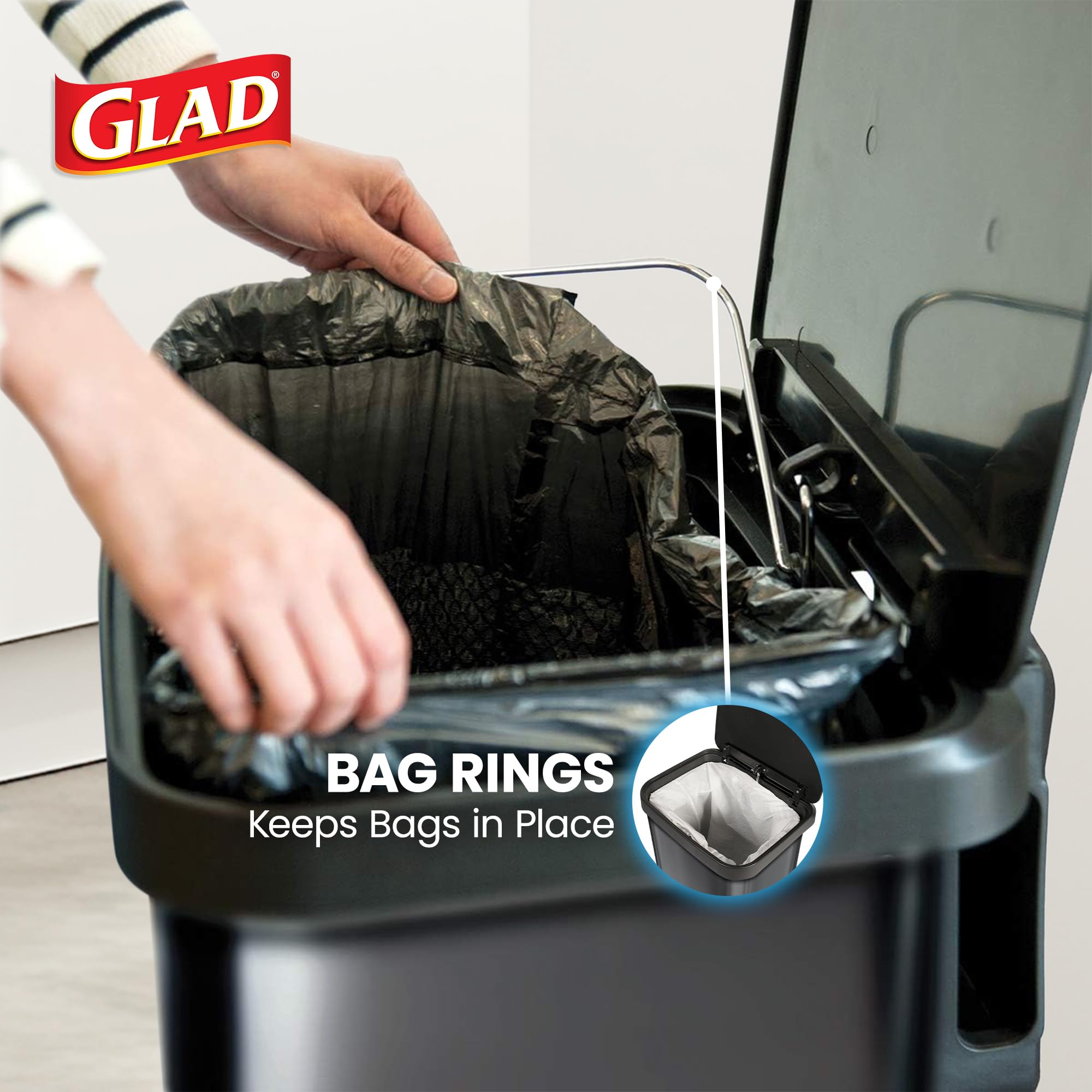 Glad 13 Gallon All Brushed Stainless Steel Trash Can with Clorox Odor Protection | Large Metal Kitchen Garbage Bin with Soft Close Lid, Garbage Bag Rings, Step On Foot Pedal and Waste Bag Roll Holder
