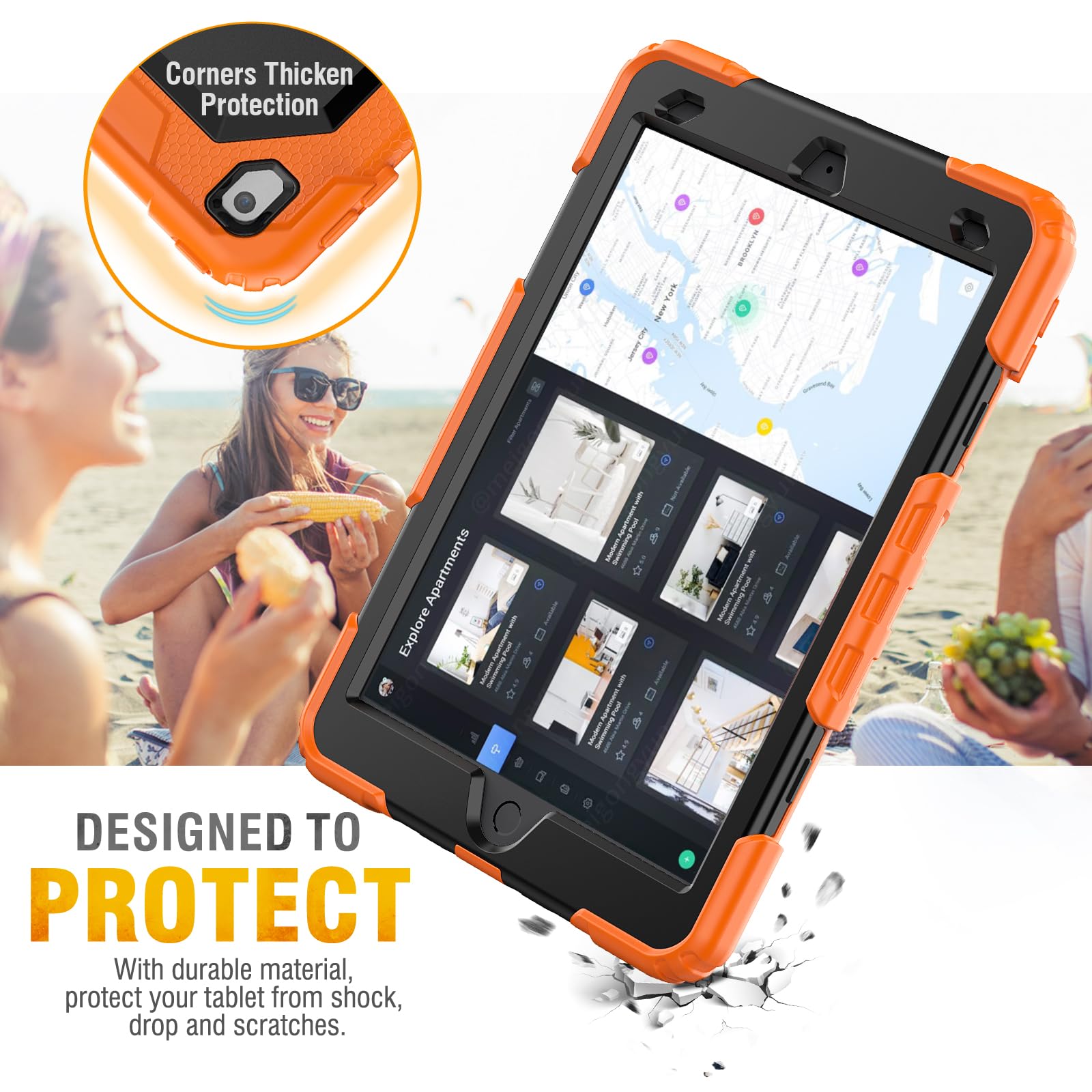 HXCASEAC Case for iPad 9th/8th/7th Generation 10.2 inch, with Pencil Holder, Screen Protector, Hand Strap, Heavy Duty Protective for iPad 9/8/7 Case 10.2-inch 2021/2020/2019, Orange