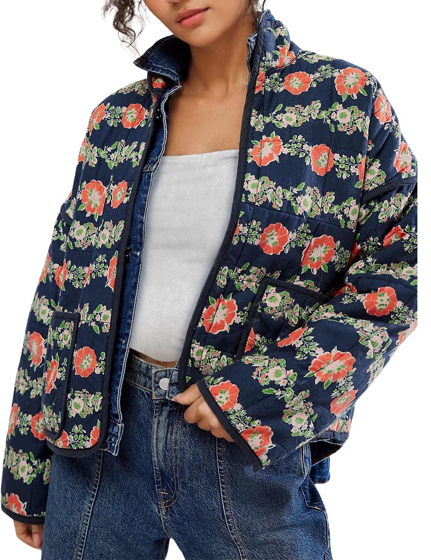 Omoone Women's Cropped Quilted Jacket Floral Printed LightWeight Padded Puffer Cardigan Coat Outwear