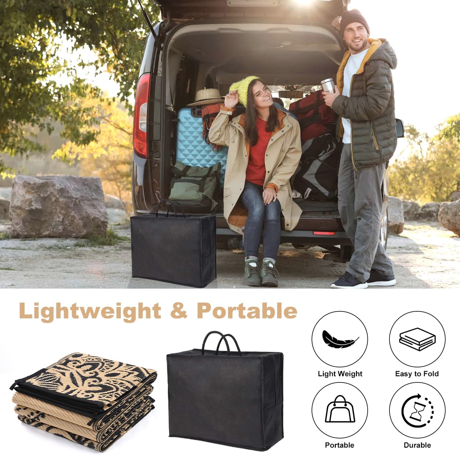 Yamaziot Waterproof Outdoor Rug 5x8 ft, Reversible Plastic Straw Rug for Patio Clearance, Camping, RV Mat, Outside Rug Carpet for Porch, Deck, Backyard, Balcony, Picnic,Black Brown