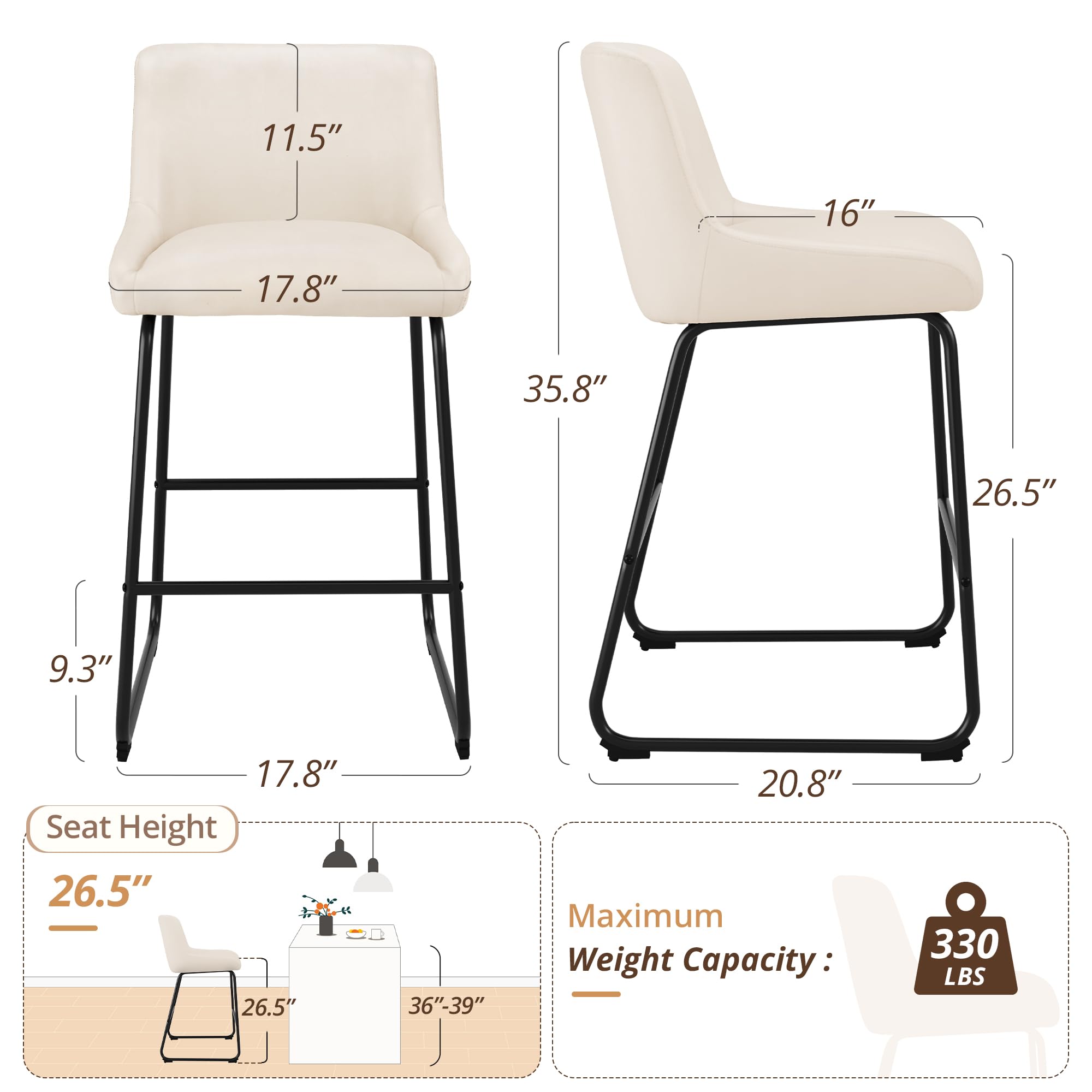 LUE BONA 26 Inch Counter Height Bar Stools Set of 2, Faux Leather Upholstered Barstools, Barstool with Back, Comfortable Bar Chairs, Modern Counter Stools for Kitchen Counter Island
