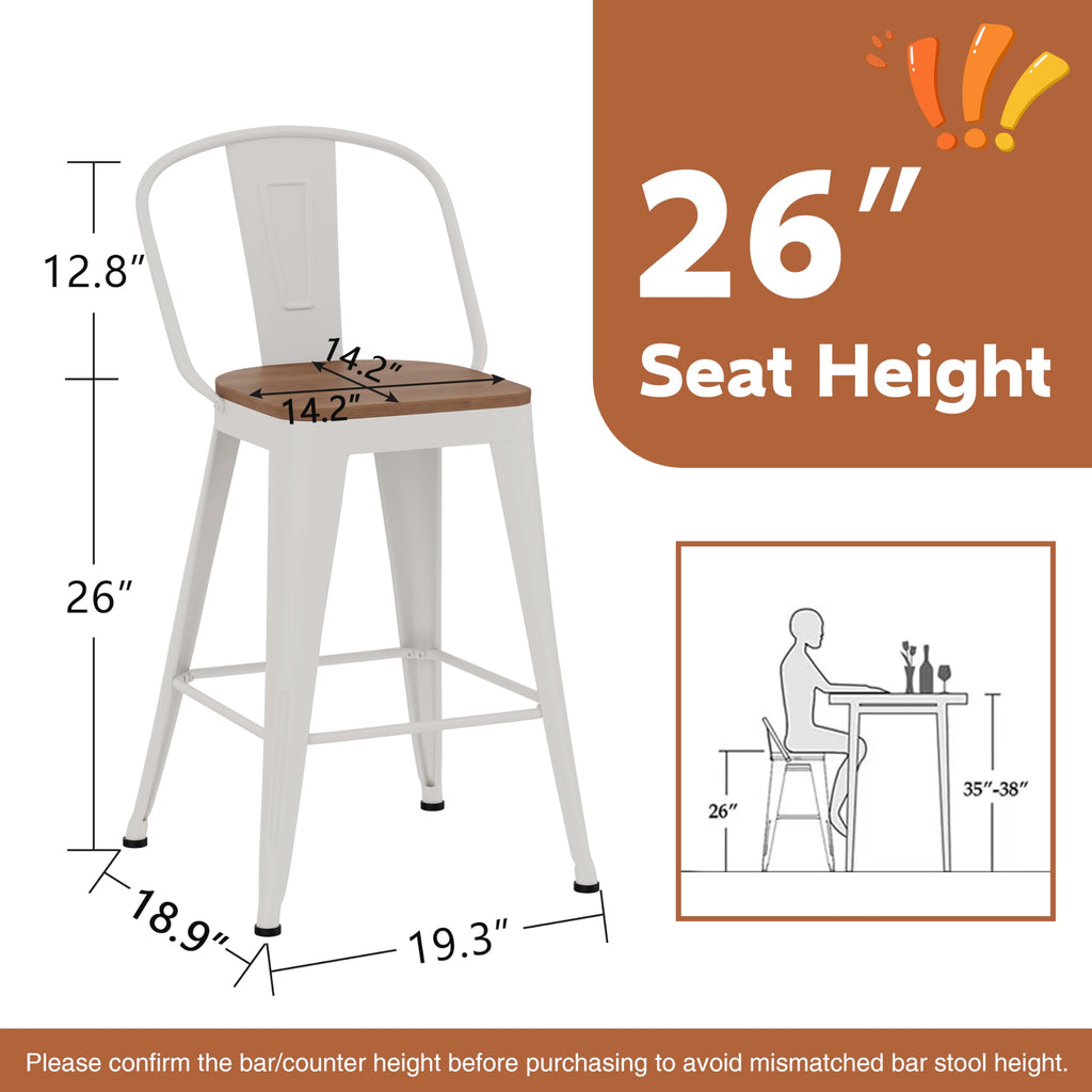 Barstools Set of 4 Counter Height Bar Stools for Kitchen Island Farmhouse Metal High Back Bar Chairs Wooden Seat 24" Matte Black