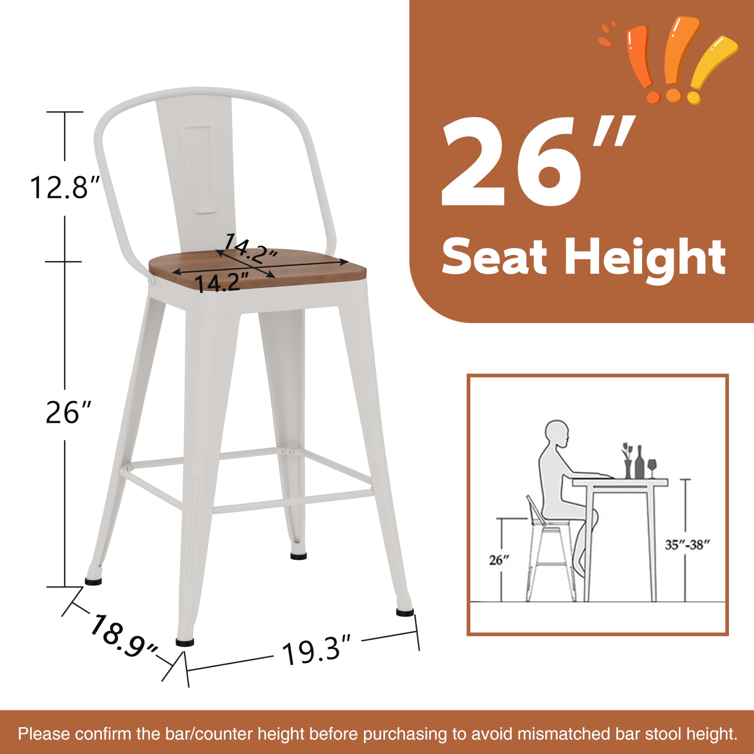 Barstools Set of 4 Counter Height Bar Stools for Kitchen Island Farmhouse Metal High Back Bar Chairs Wooden Seat 24" Matte Black