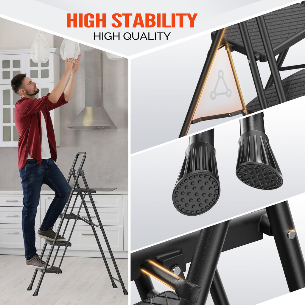 LUISLADDERS 3 Step Ladder with Handrails, Folding Step Stool with Widened Anti-Slip Pedal, 500lbs Lightweight Step Ladder 3 Step Folding, Multi-use for Home Kitchen Pantry Office, Black