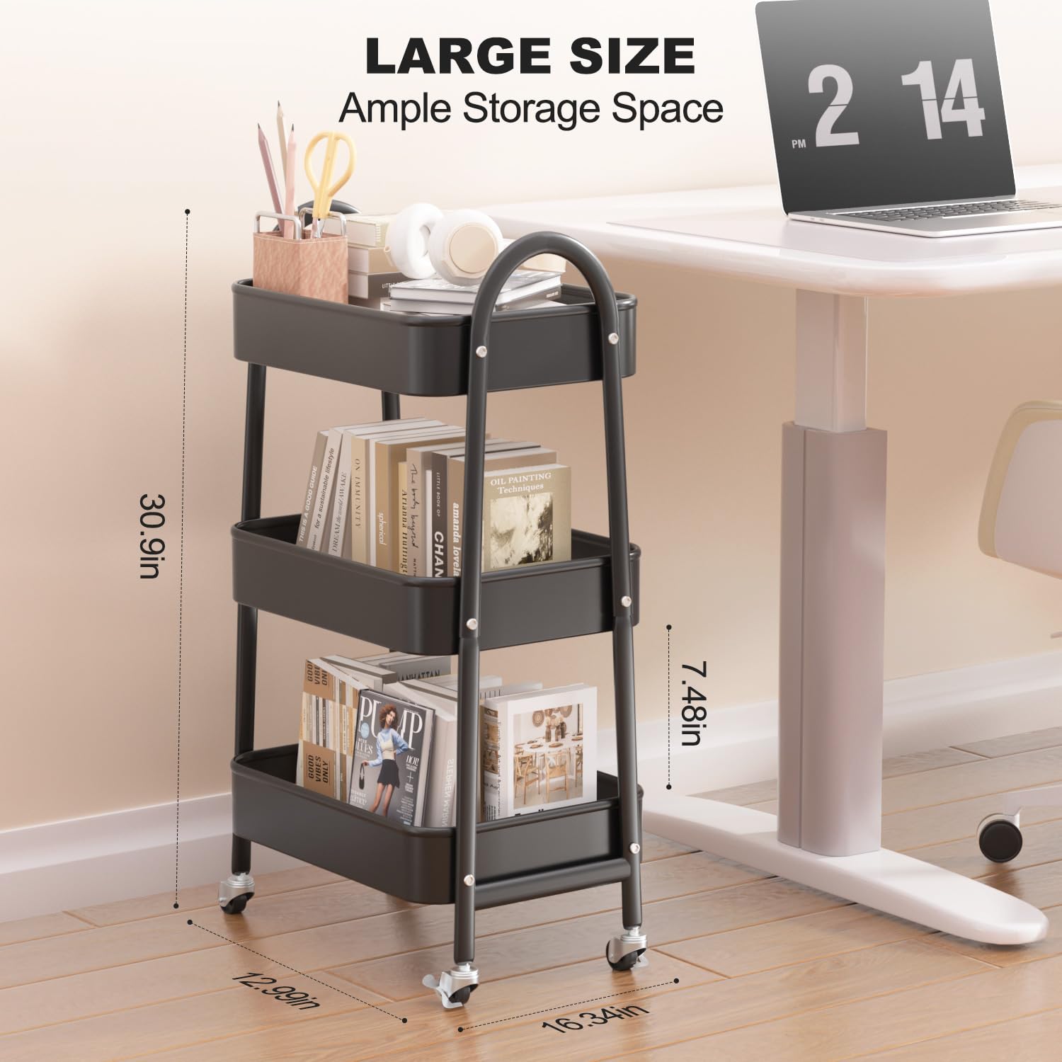 EAGMAK 3 Tier Rolling Cart, Large Metal Storage Cart with Handle and Lockable Wheels, Big Multifunctional Storage Organizer Trolley with Mesh Baskets for Kitchen, Living Room, Office, Garage (Beige)