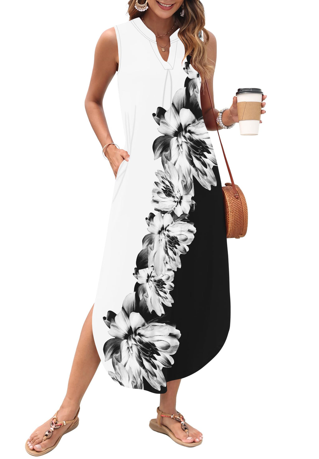 AUSELILY Womens Summer Casual Maxi Dresses 2026 Sleeveless Long Beach Dresses V Neck Loose Sundresses with Side Split Pockets