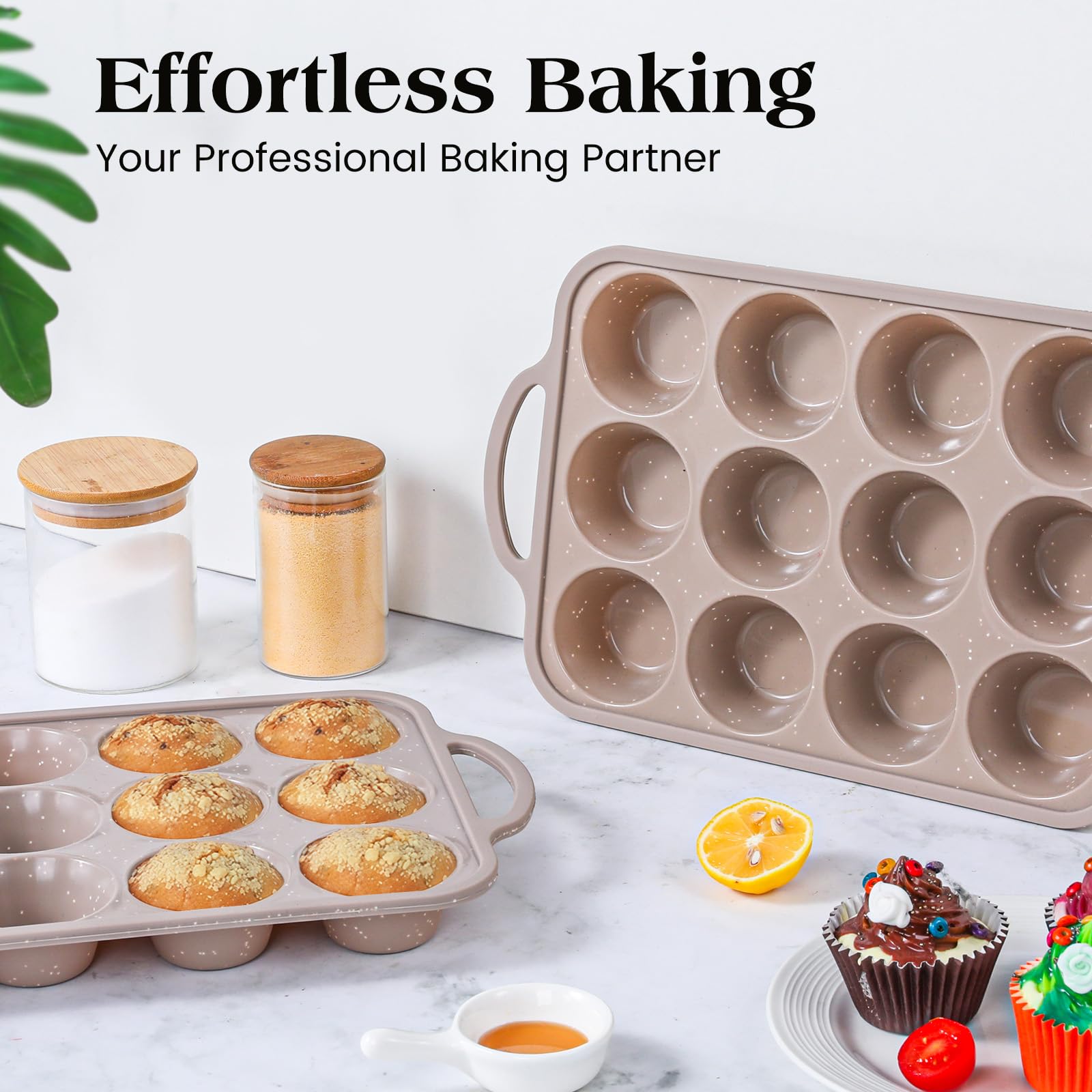 Vinino Silicone Muffin Pans for Baking with Metal Reinforced Frame, 12 Cups Regular Size Nonstick Brown Silicone Cupcake Pan, BPA Free Oven Dishwasher Safe Baking Mold for Muffins Cupcakes