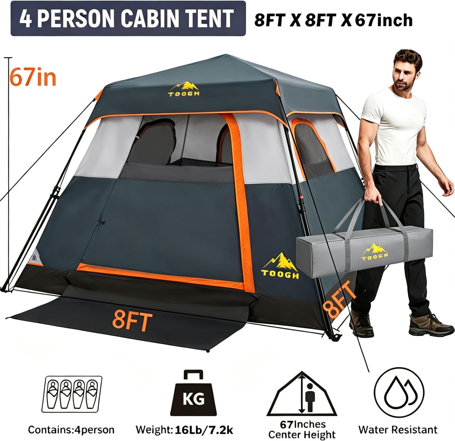 3/4 Person Camping Tent with 1 Door, 4 Windows, and Upgraded Ventilation– Instant Setup, Waterproof, 8'x 8'x 67''Oxford Fabric Floor Pop Up in 60 Seconds Includes Rainfly and Backpack